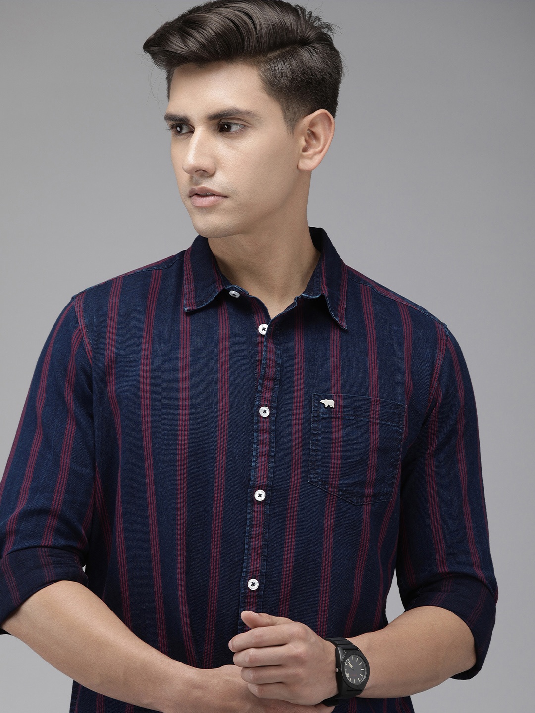 

THE BEAR HOUSE Men Navy Blue Slim Fit Striped Casual Shirt