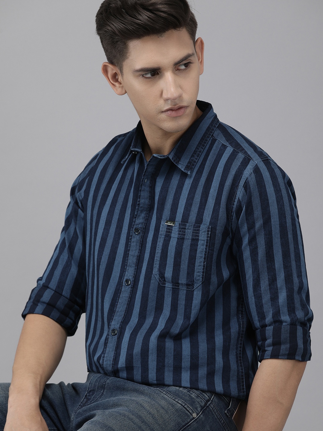 

THE BEAR HOUSE Men Slim Fit Striped Casual Shirt, Navy blue