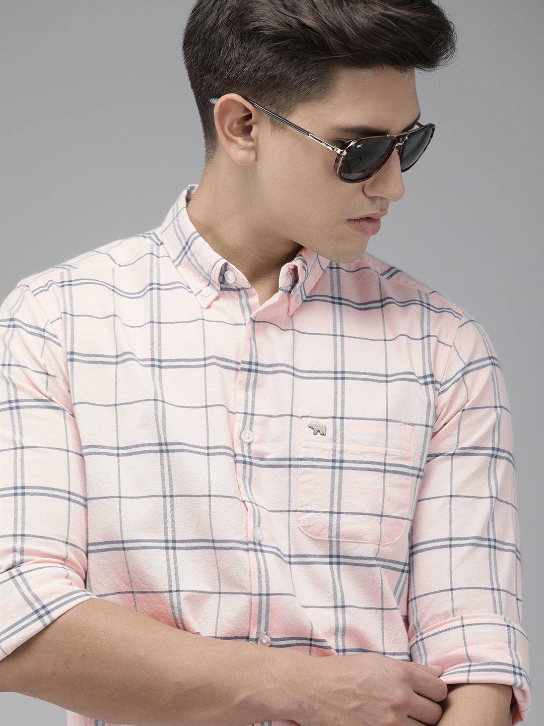 

THE BEAR HOUSE Men Slim Fit Windowpane Checked Casual Shirt, Pink
