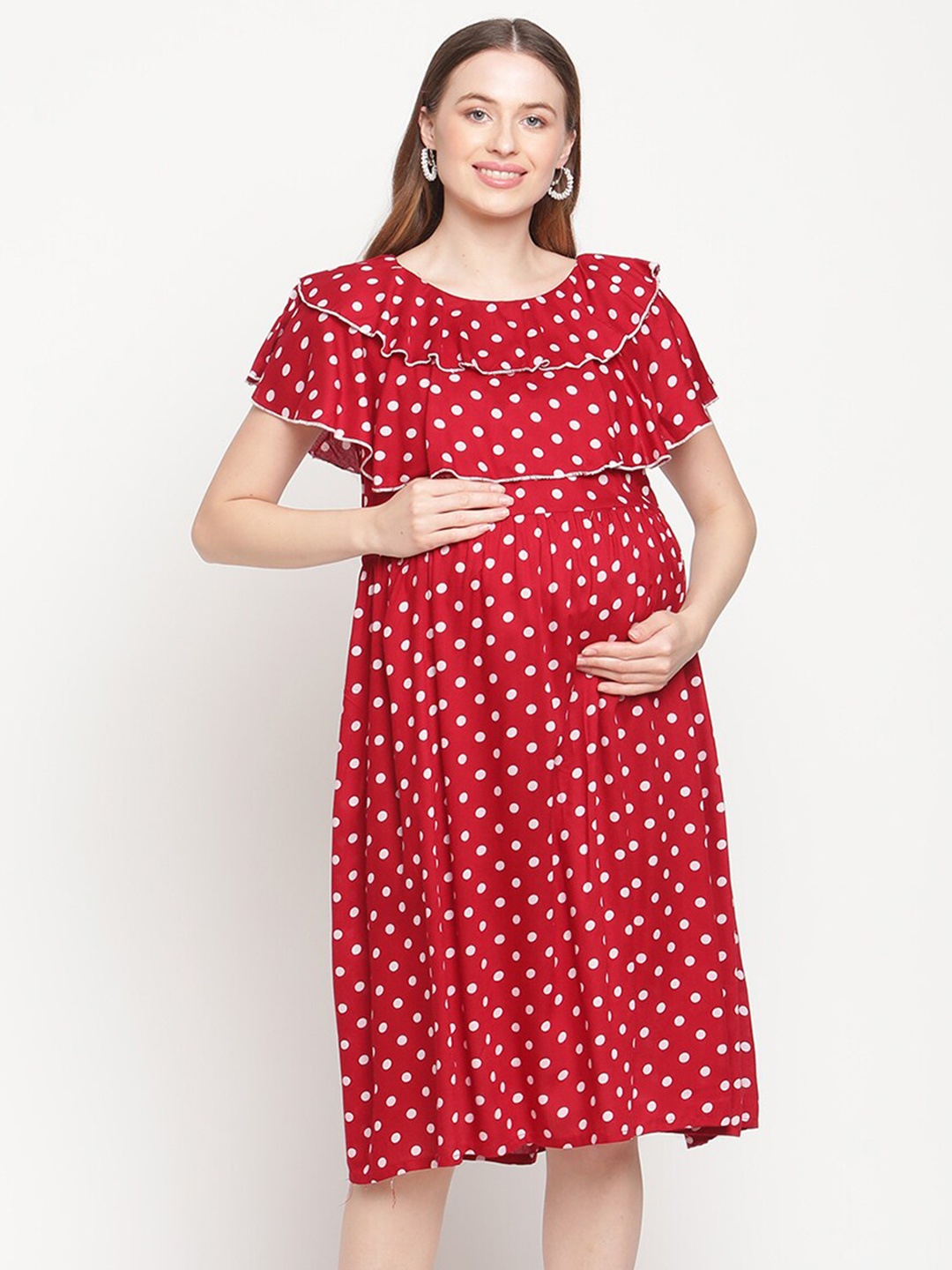 

Moms Maternity Women Red Polka Dot Maternity A-Line Dress