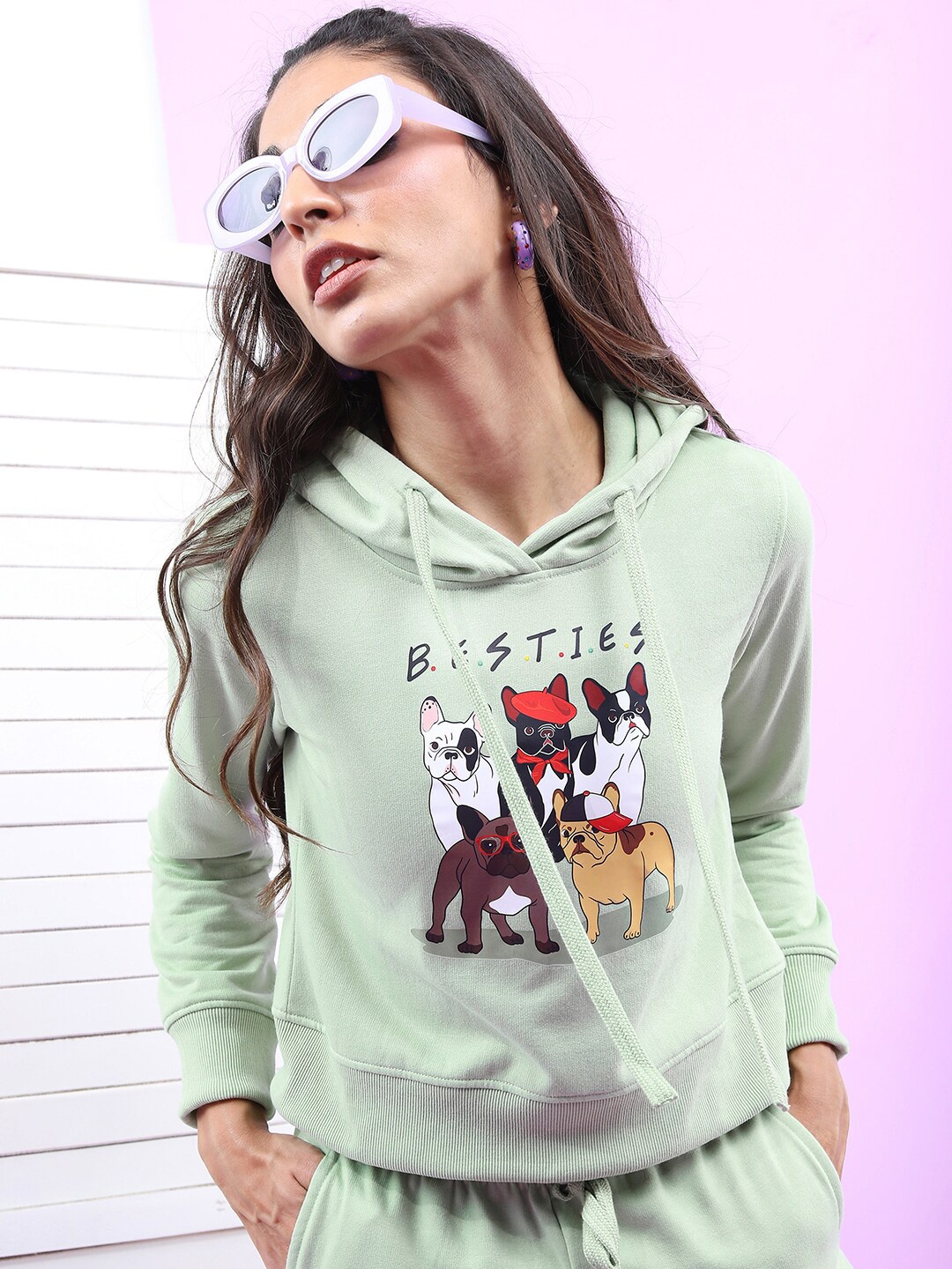 

Tokyo Talkies Women Sea Green Printed Hooded Sweatshirt