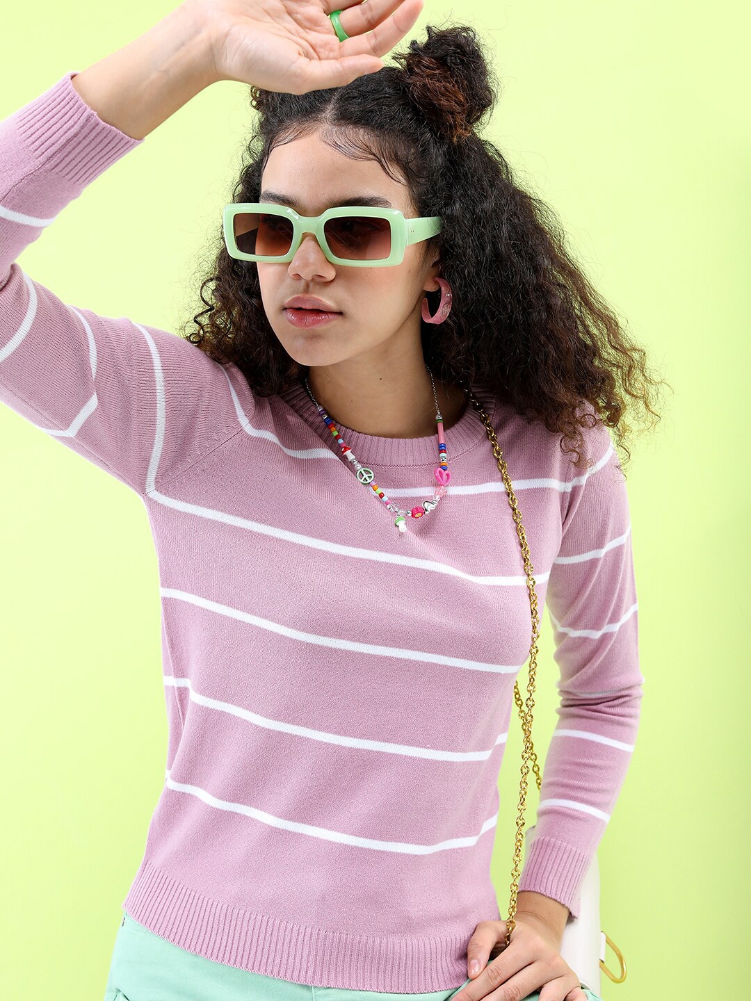 

Tokyo Talkies Women Pink & White Striped Acrylic Sweaters