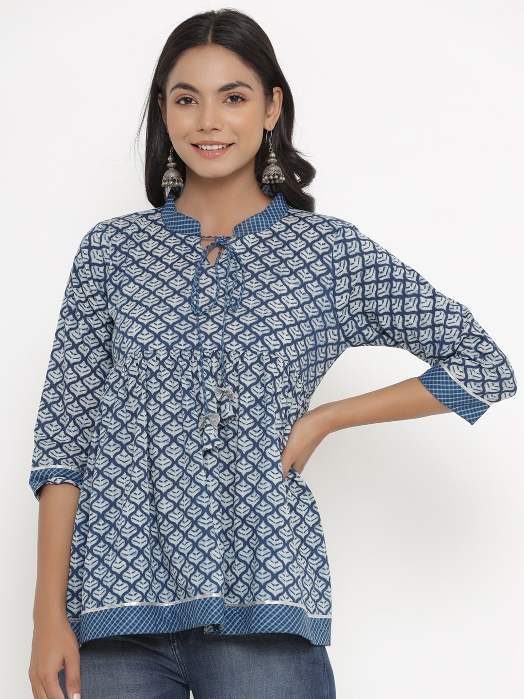 

PARCHHAI Blue Print Tie-Up Neck Pure Cotton Top