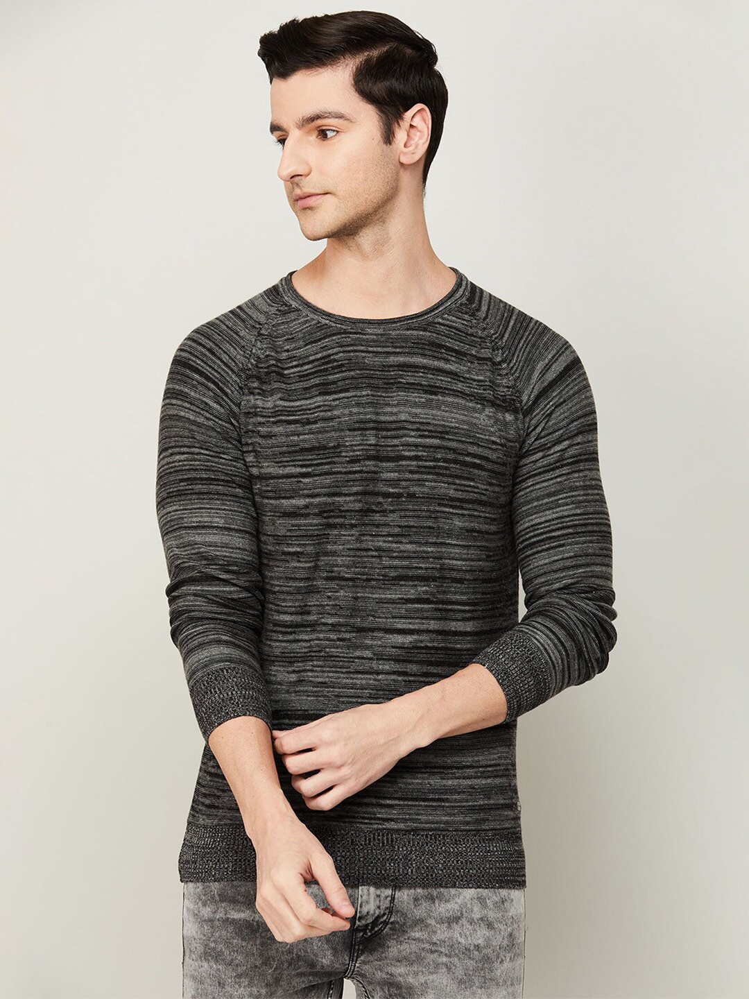 

Denimize by Fame Forever Men Black & Grey Striped Cotton T-shirt
