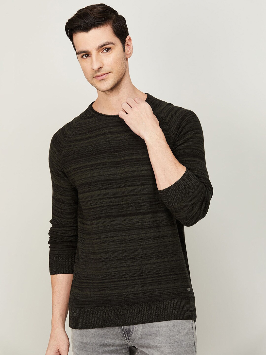 

Denimize by Fame Forever Men Olive Green Striped Cotton T-shirt