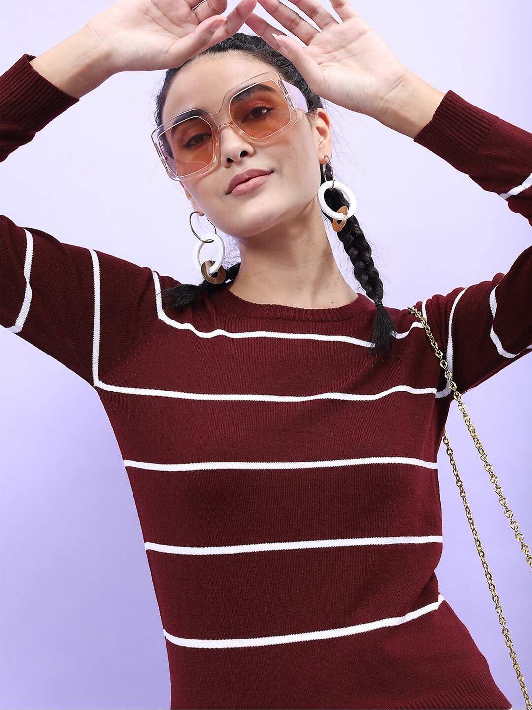 

Tokyo Talkies Women Maroon & White Striped Pullover Sweaters