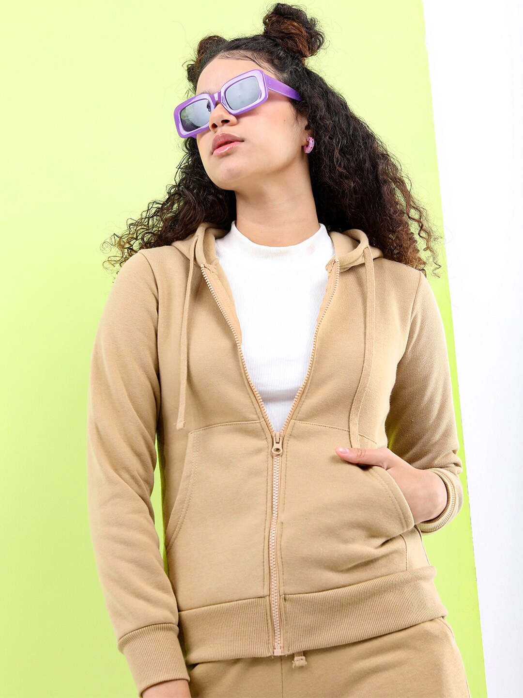 

Tokyo Talkies Women Khaki Hooded Sweatshirt