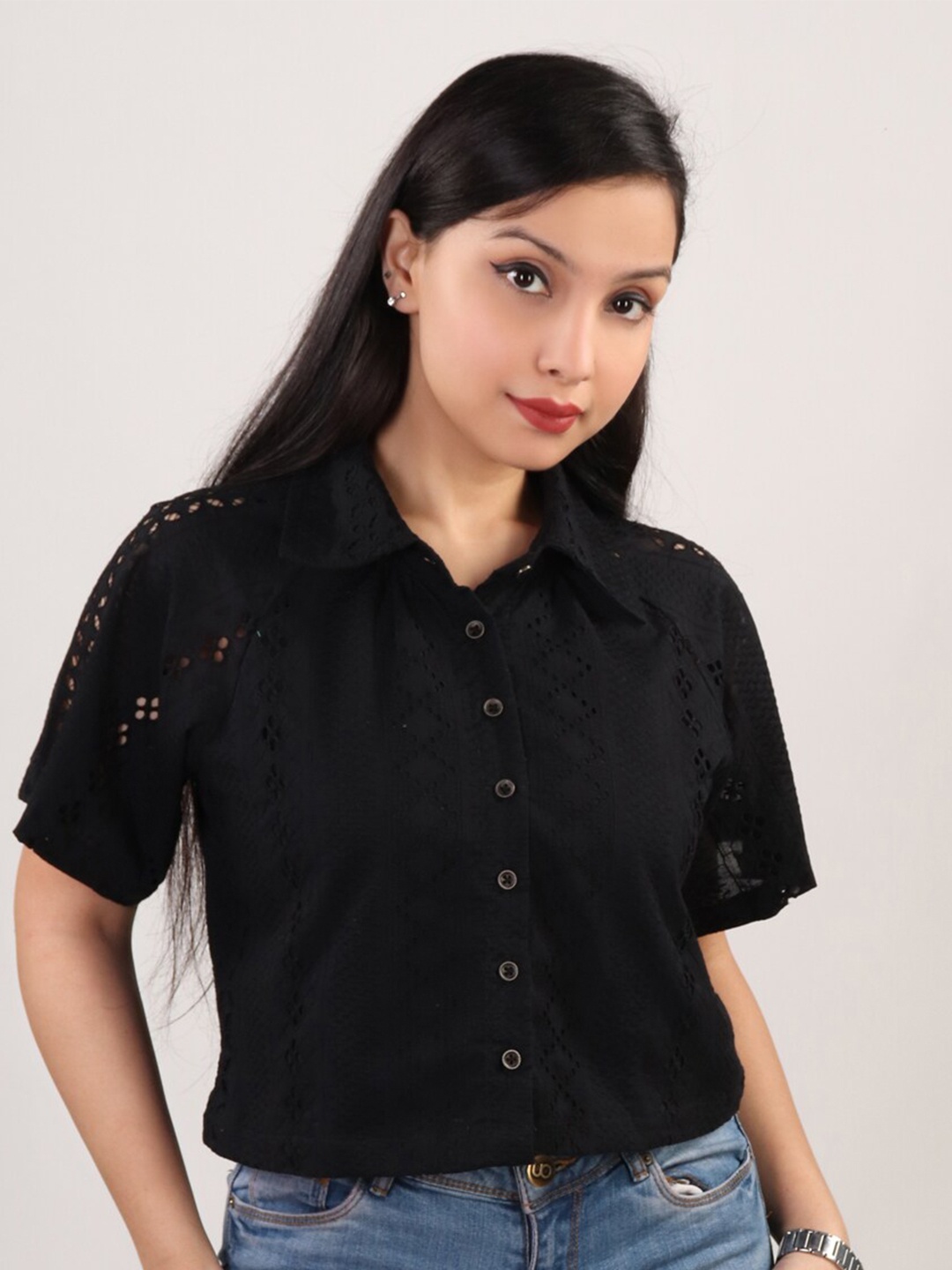 

The Label Bar Black Schiffli Shirt Style Top