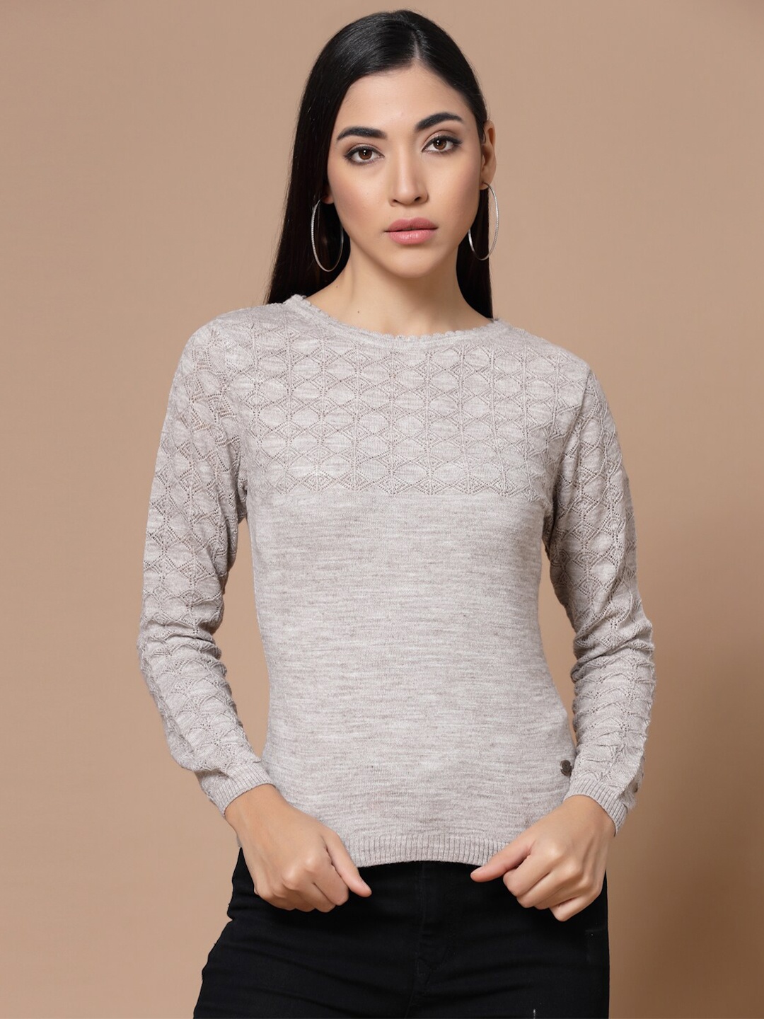 

Wool Trees Women Grey Round Neck Self Design Cable Knit Pullover