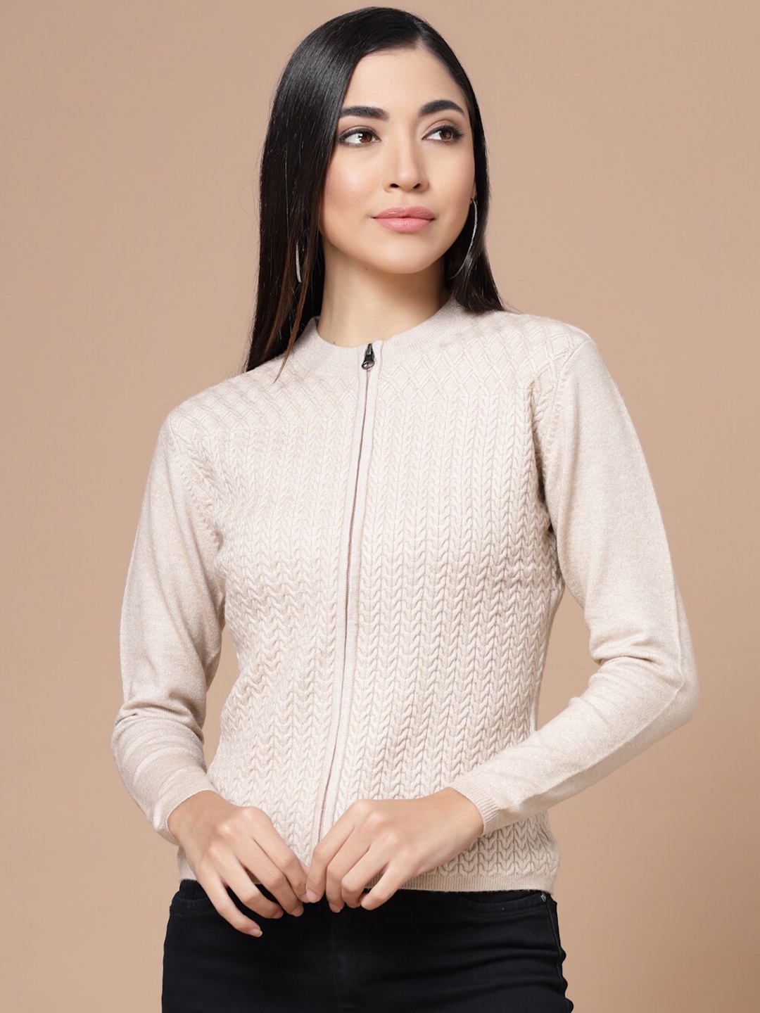 

Wool Trees Women Cream-Coloured Self Design Round Neck Cardigan