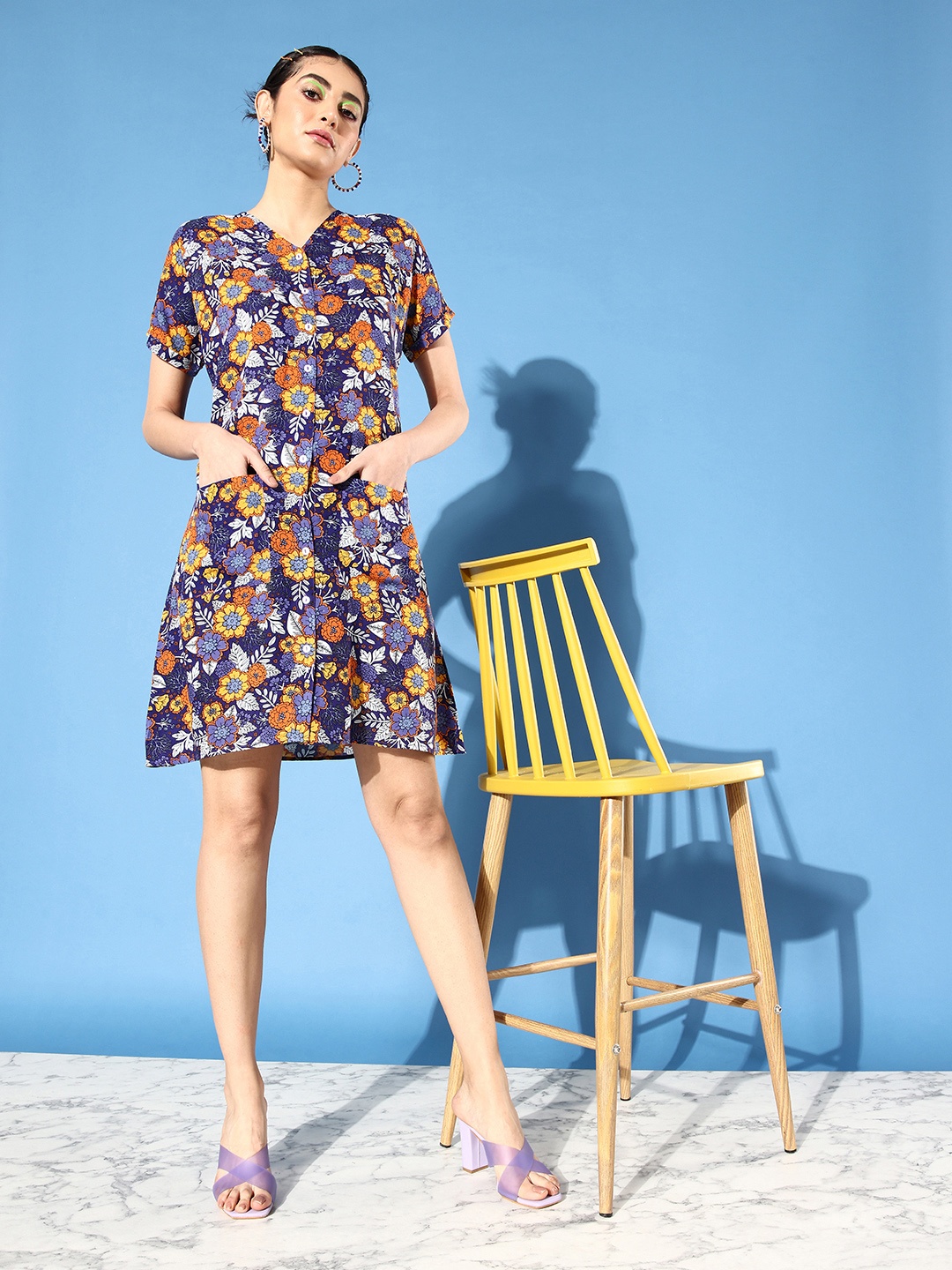 

Miss Chase Floral Print Above Knee Shirt Dress, Navy blue