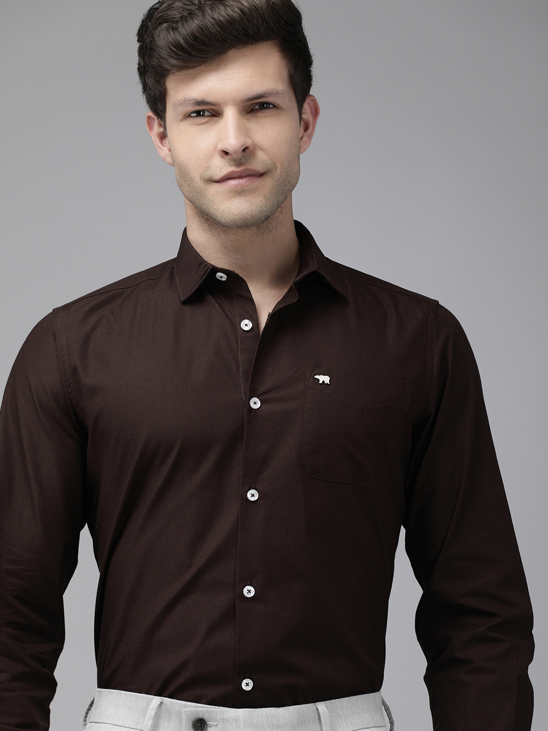 

THE BEAR HOUSE Men Slim Fit Cotton Formal Shirt, Brown