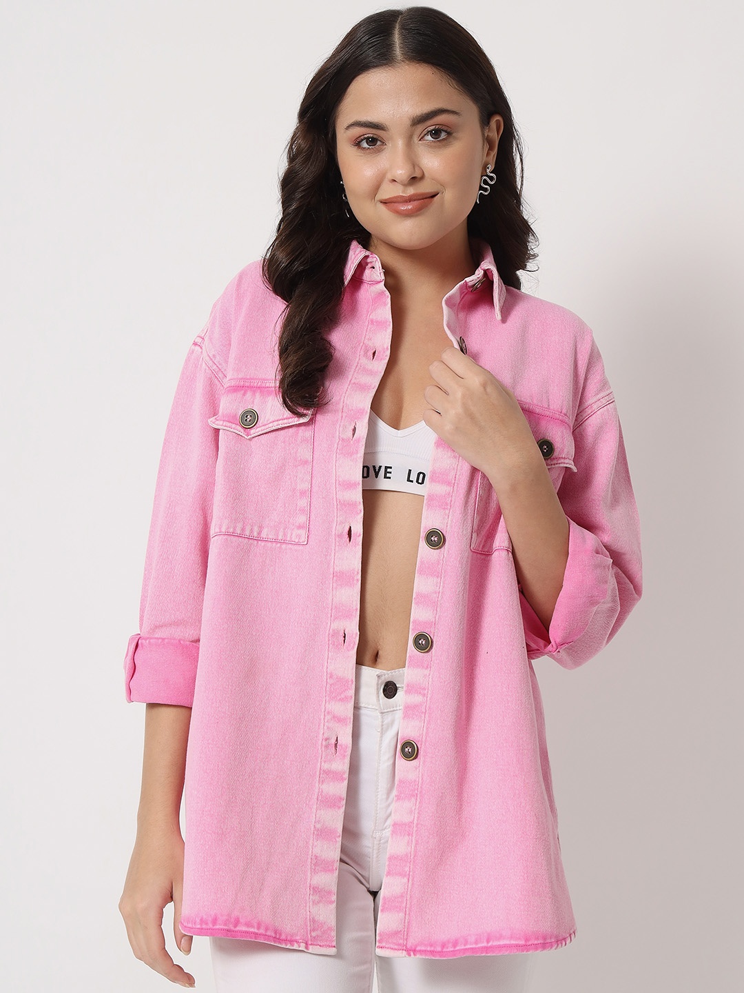 

Orchid Blues Women Lightweight Longline Pure Cotton Denim Jacket, Pink