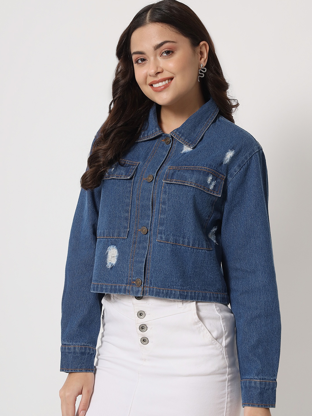 

Orchid Blues Women Blue Lightweight Pure Cotton Crop Distressed Look Boxy Jacket