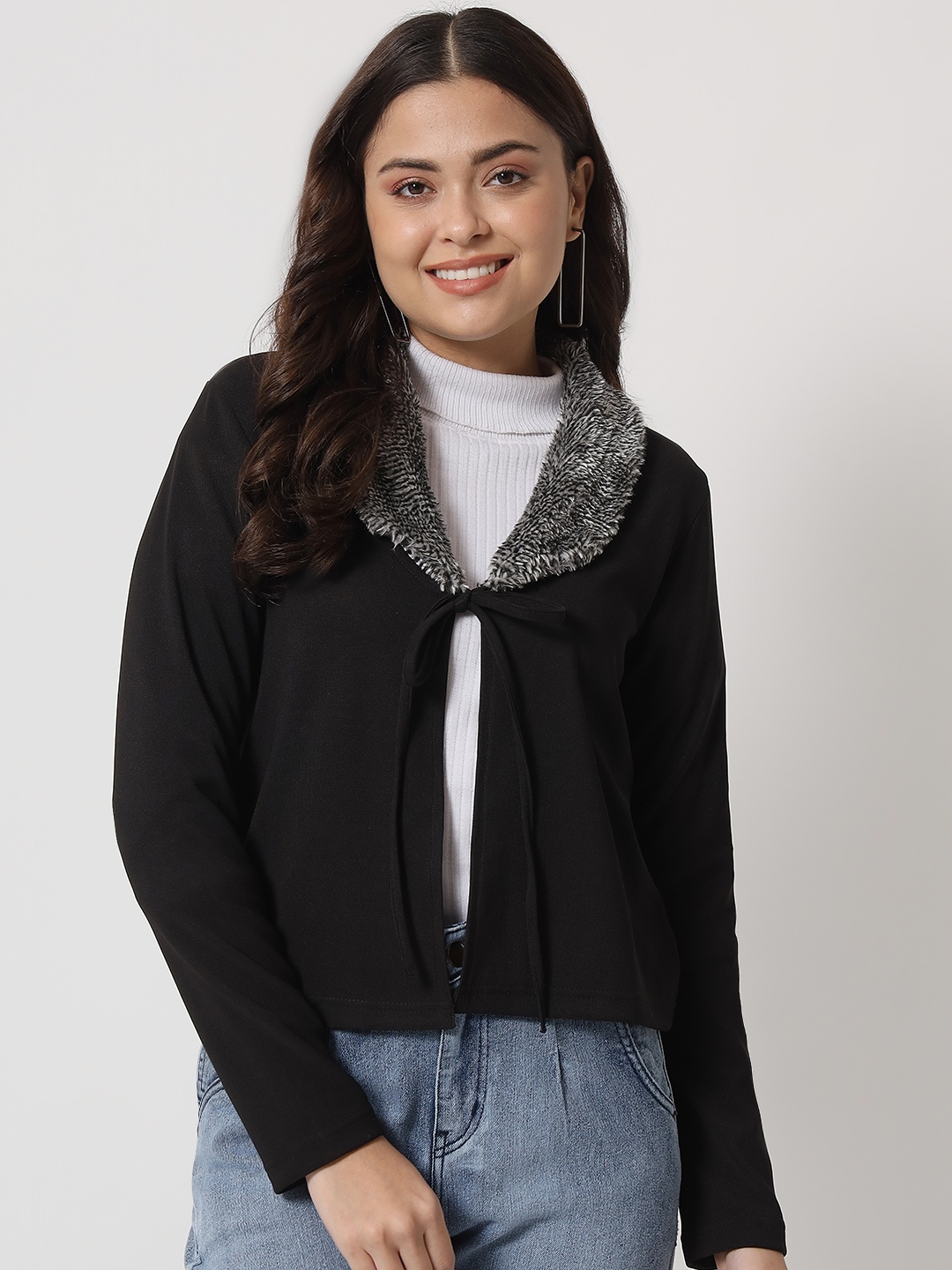 

Orchid Blues Women Black Grey Lightweight Fur Tie Up Jacket