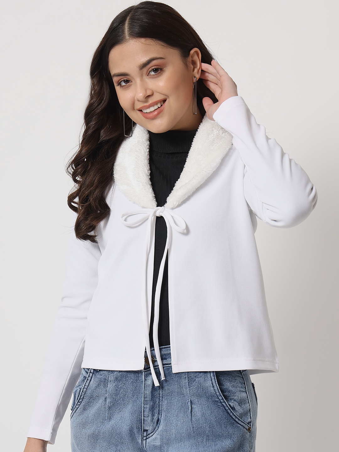 

Orchid Blues Faux Fur Trim Tie-Up Shrug, White