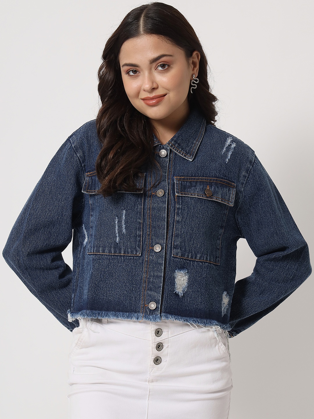 

Orchid Blues Women Blue Lightweight Crop Denim Jacket