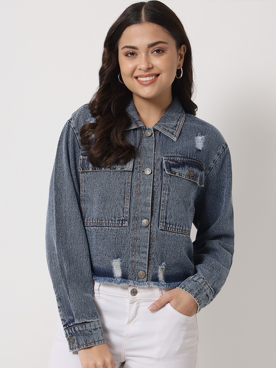 

Orchid Blues Women Blue Lightweight Pure Cotton Distressed Look Boxy Jacket