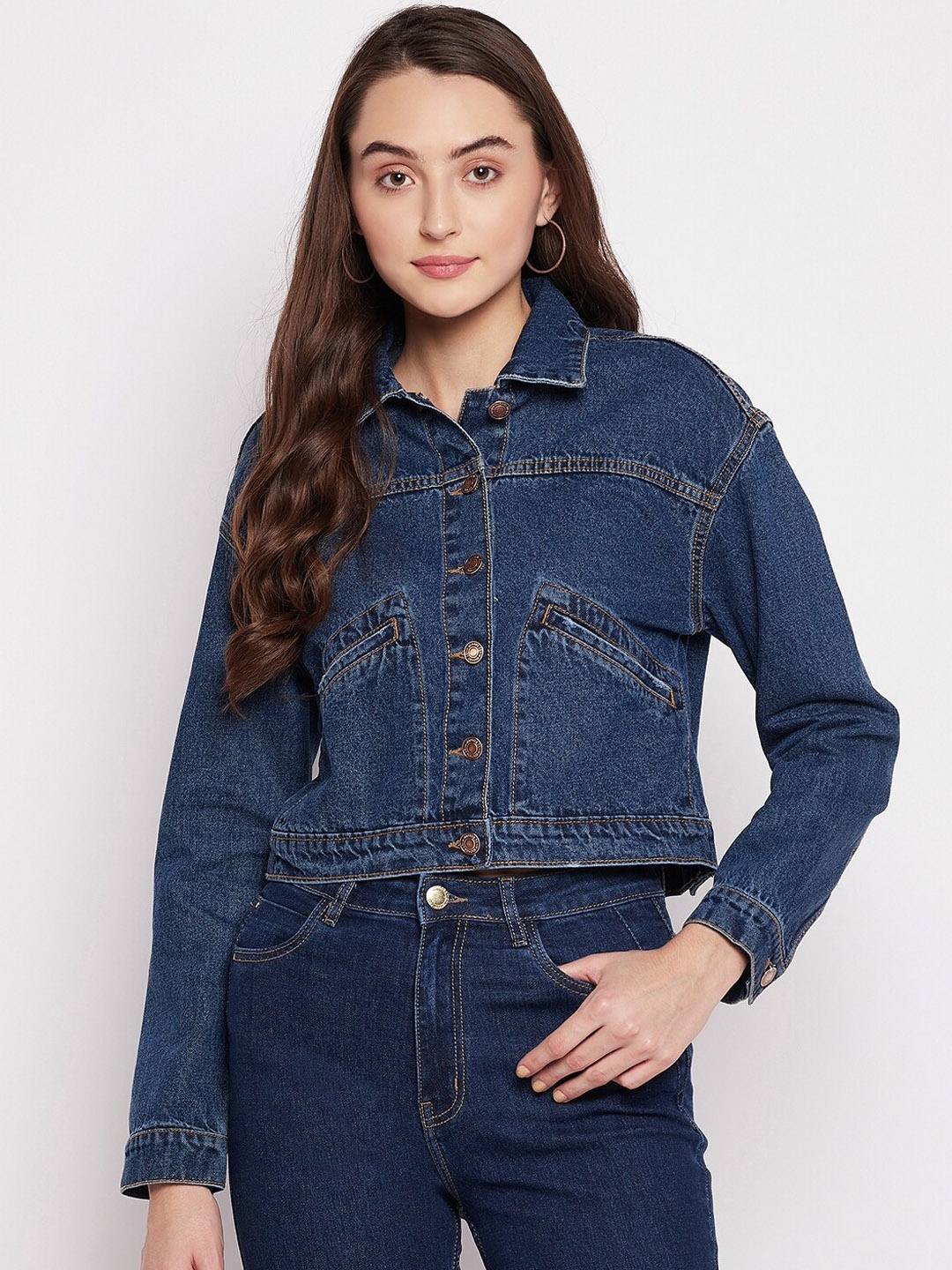 

Madame Women Navy Blue Solid Crop Denim Jacket