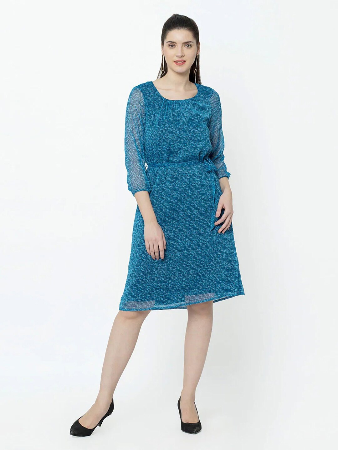 

SQew Blue Self Design A-Line Dress