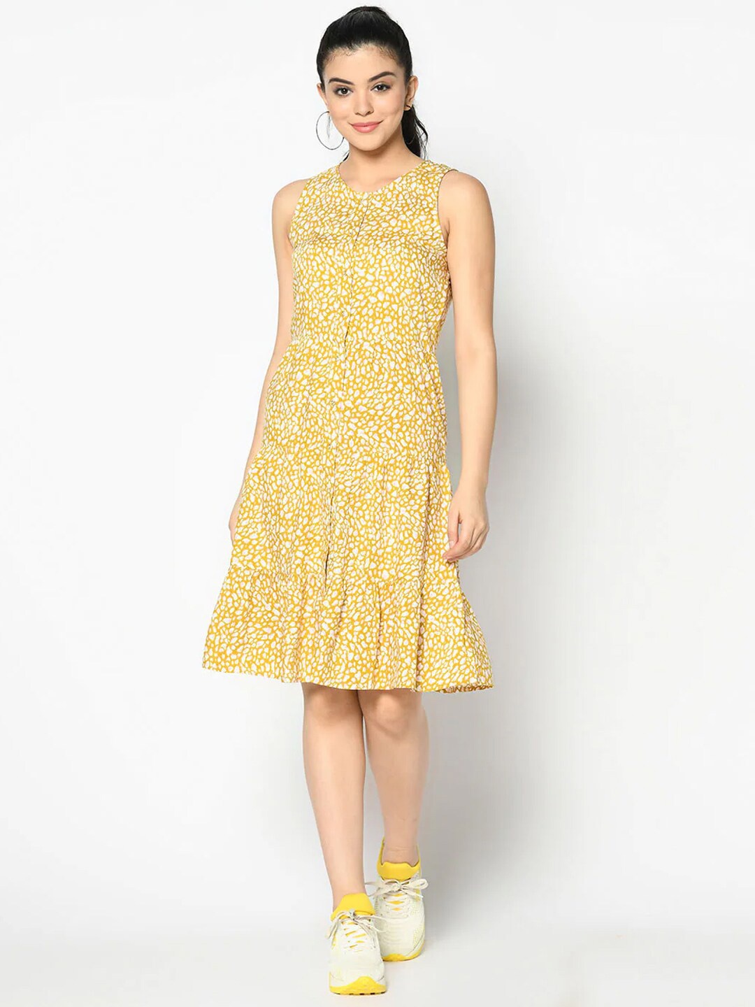 

SQew Yellow Abstract Printed A-Line Dress