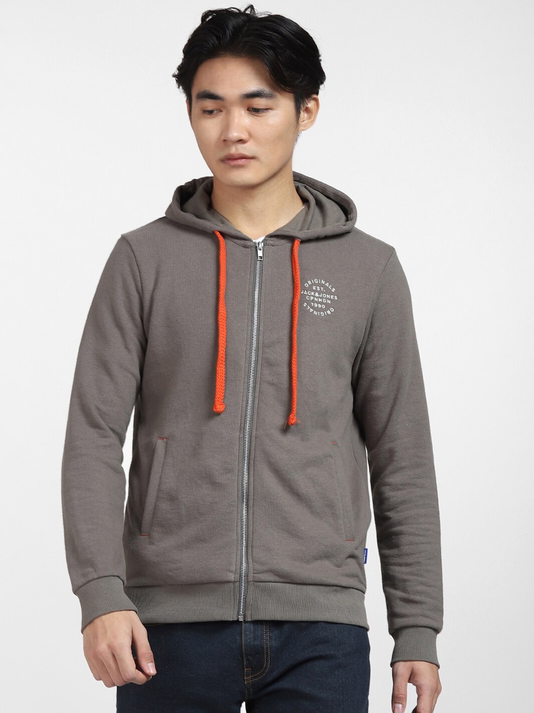 

Jack & Jones Men Grey Hooded Front Open Sweatshirt