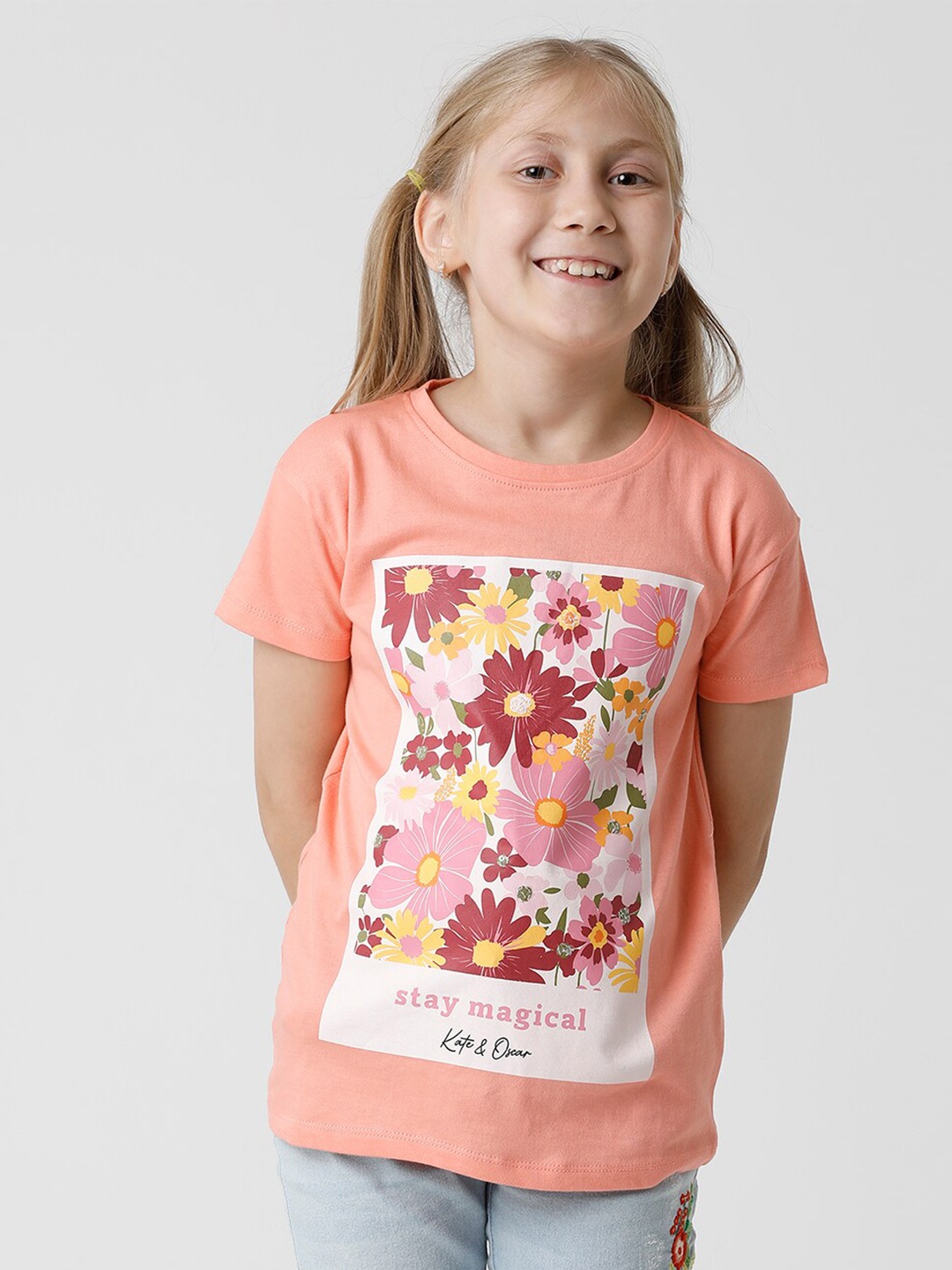 

KATE & OSCAR Girls Peach-Coloured Printed Cotton T-shirt