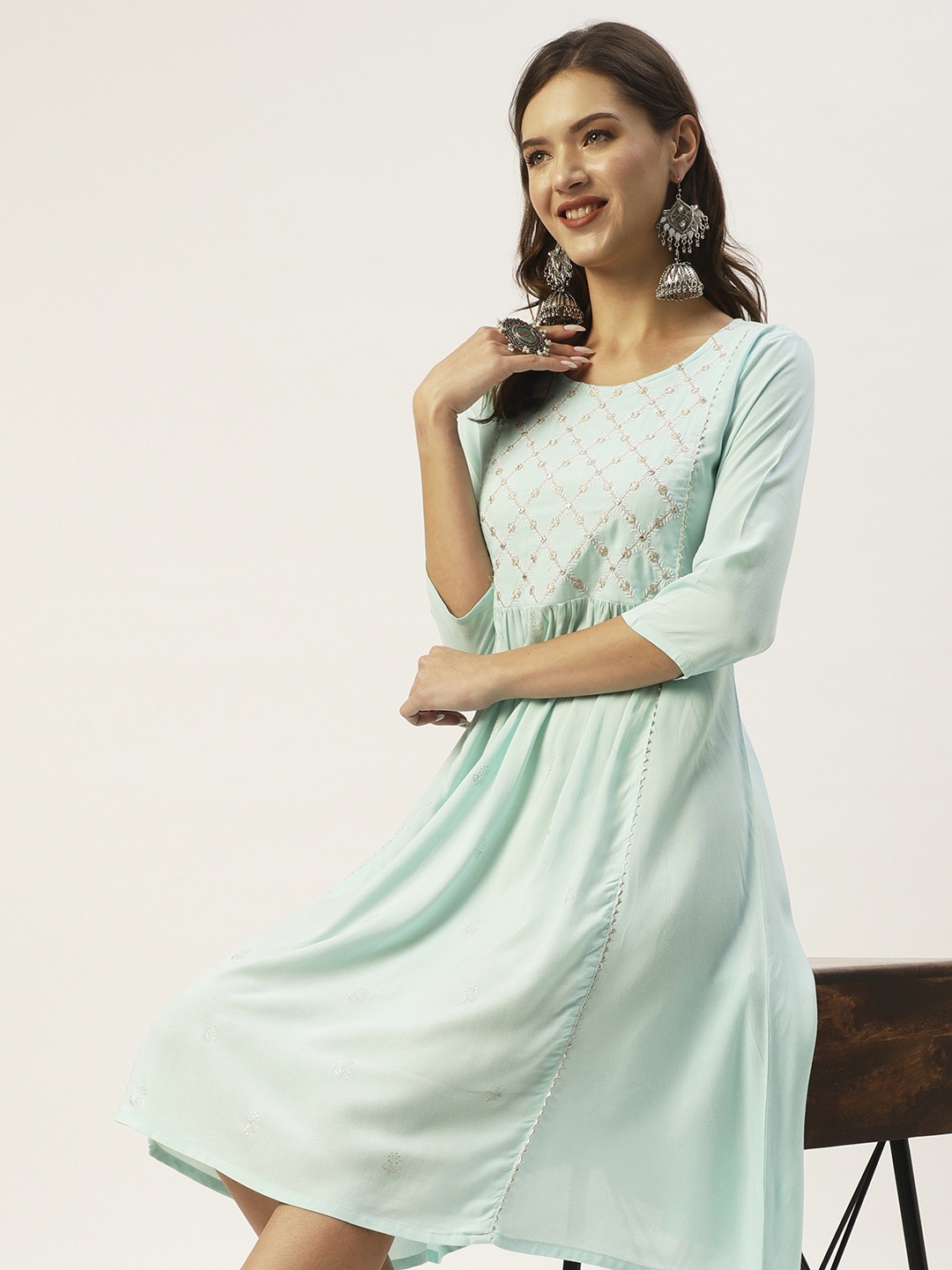 

Anubhutee Women Blue Embroidered Round Neck A-Line Dress