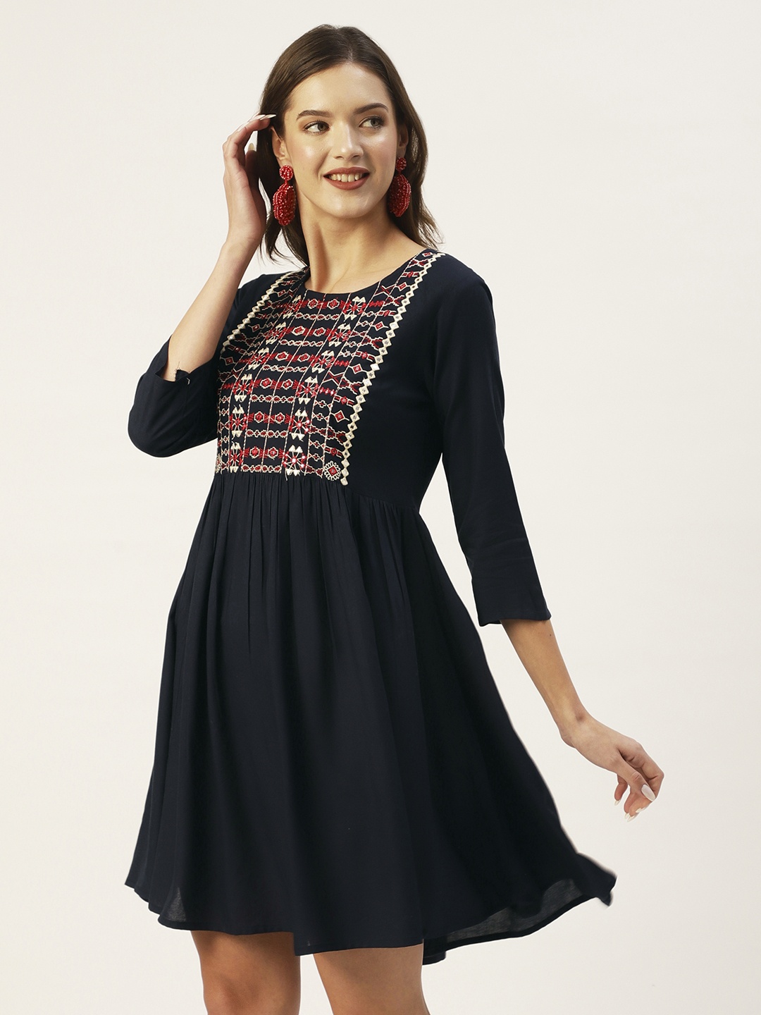 

Anubhutee Women Navy Blue Ethnic Motifs Embroidered A-Line Dress