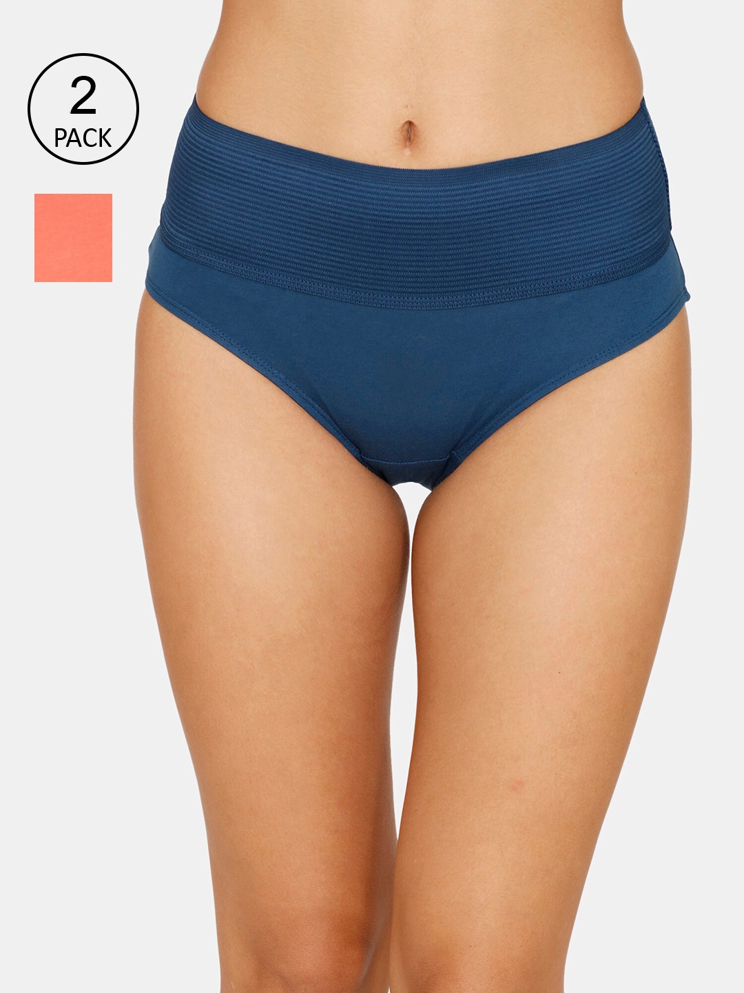 

Zivame Women Pack Of 2 Blue & Peach Solid Anti Odour Hipster Briefs