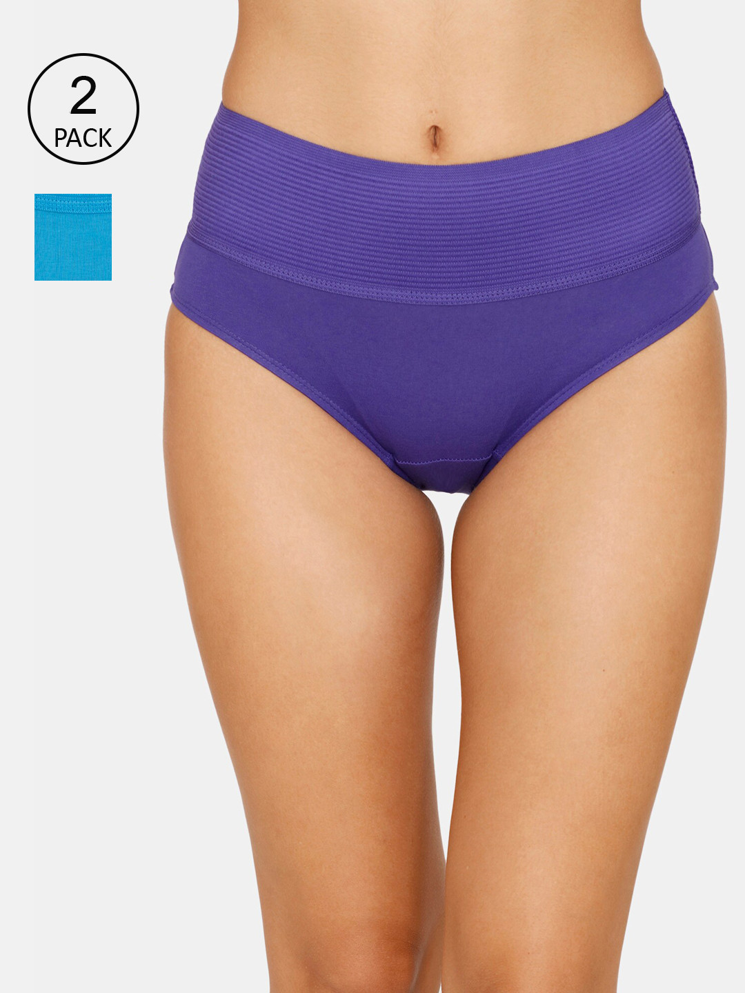 

Zivame Women Pack of 2 Blue & Violet Cotton High Rise Tummy Tucker Hipsters