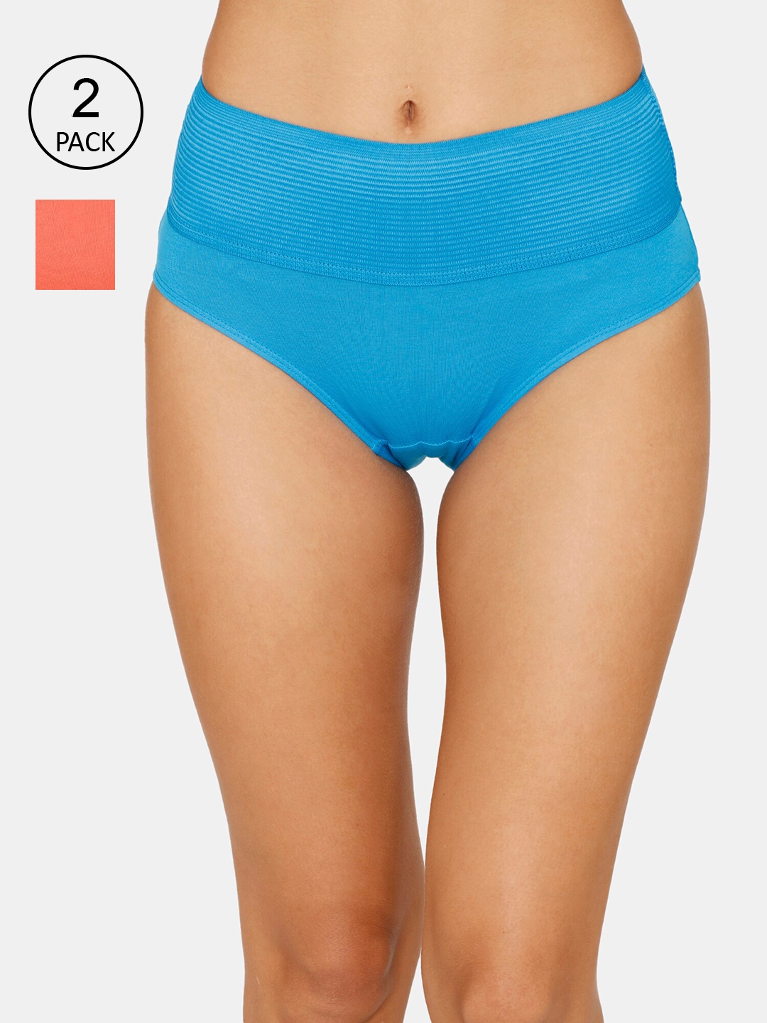 

Zivame Women Pack Of 2 Blue & Peach Solid Hipster Briefs