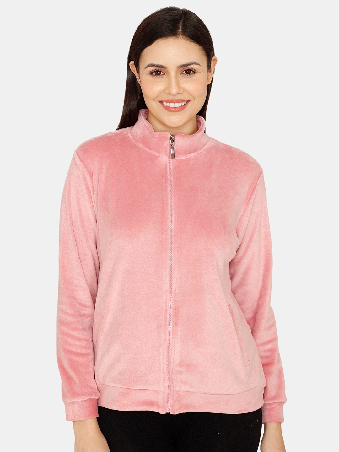 

Zivame Women Pink Solid Front Open Sweatshirt