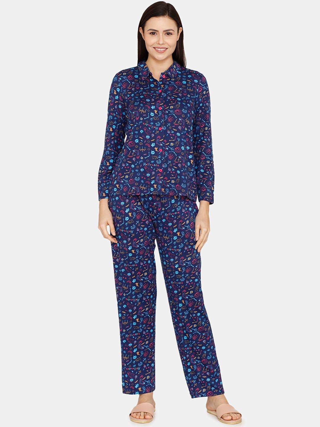 

Zivame Women Blue & Pink Conversational Printed Night suit