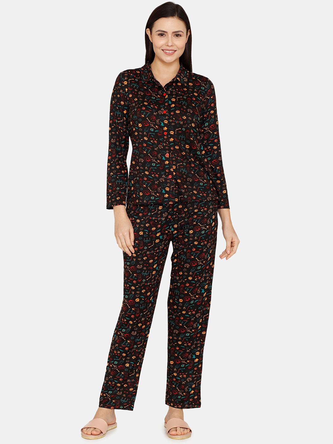 

Zivame Women Black & Orange Conversational Printed Night suit