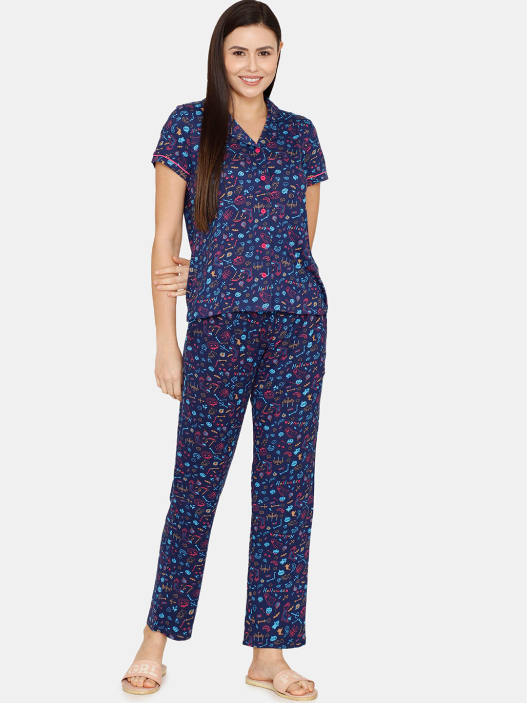 

Zivame Women Blue & Pink Printed Night suit