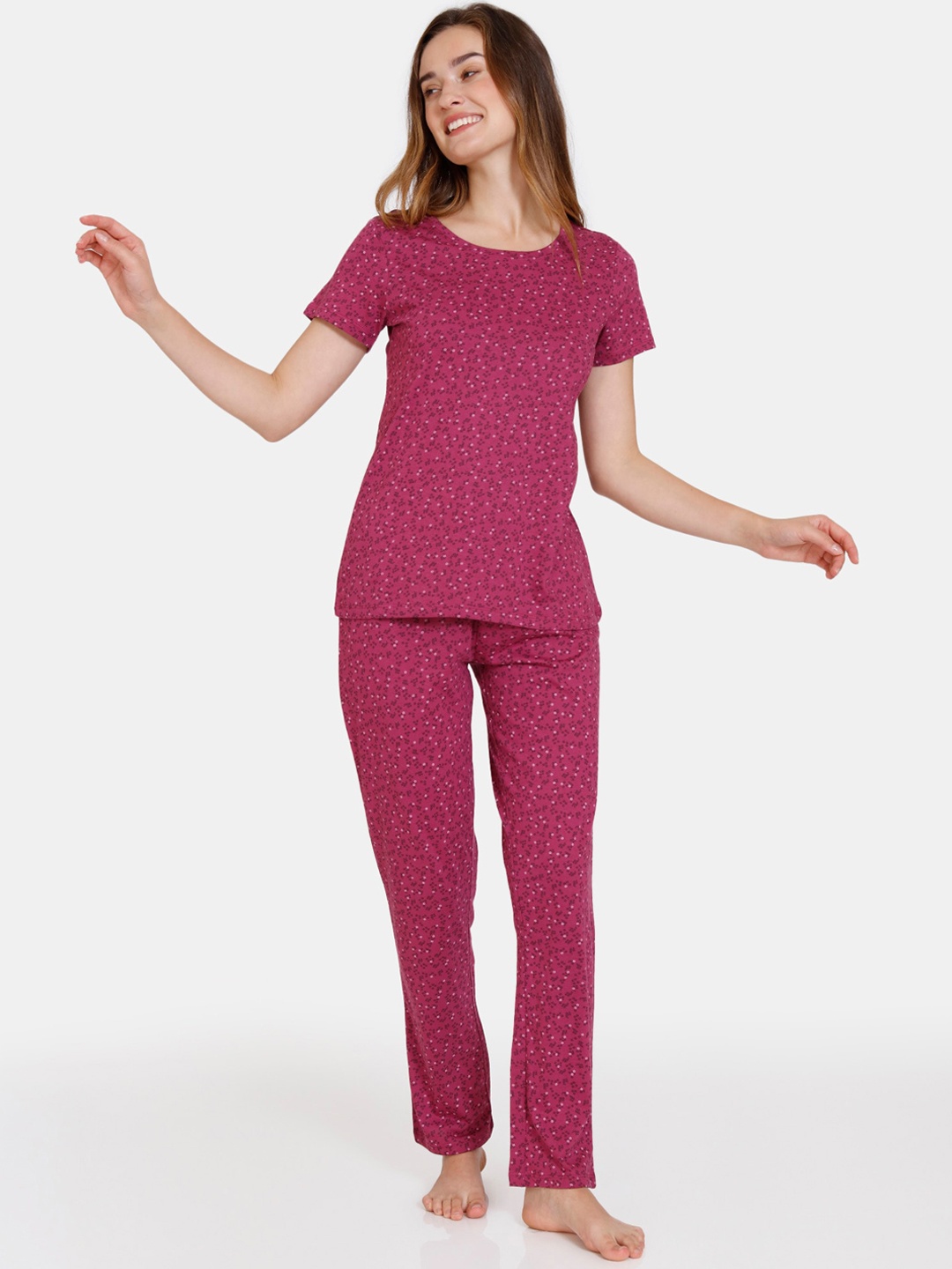 

Zivame Women Purple & Pink Floral Printed Pure Cotton Night suit