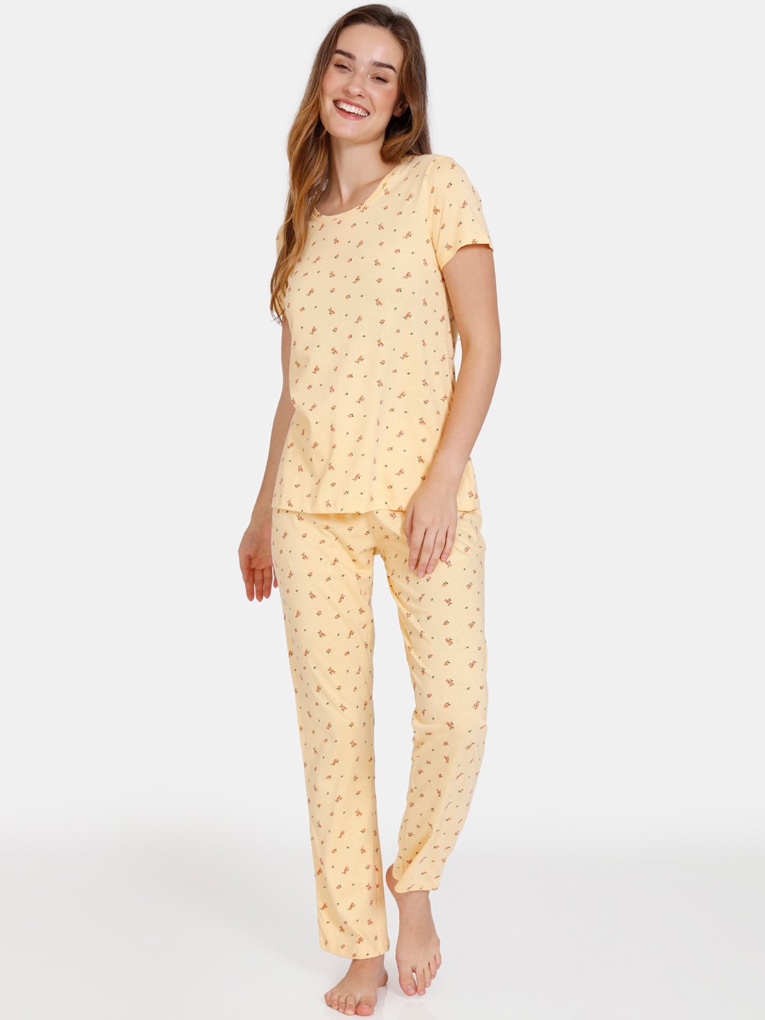 

Zivame Women Yellow & Orange Floral Printed Pure Cotton Night suit