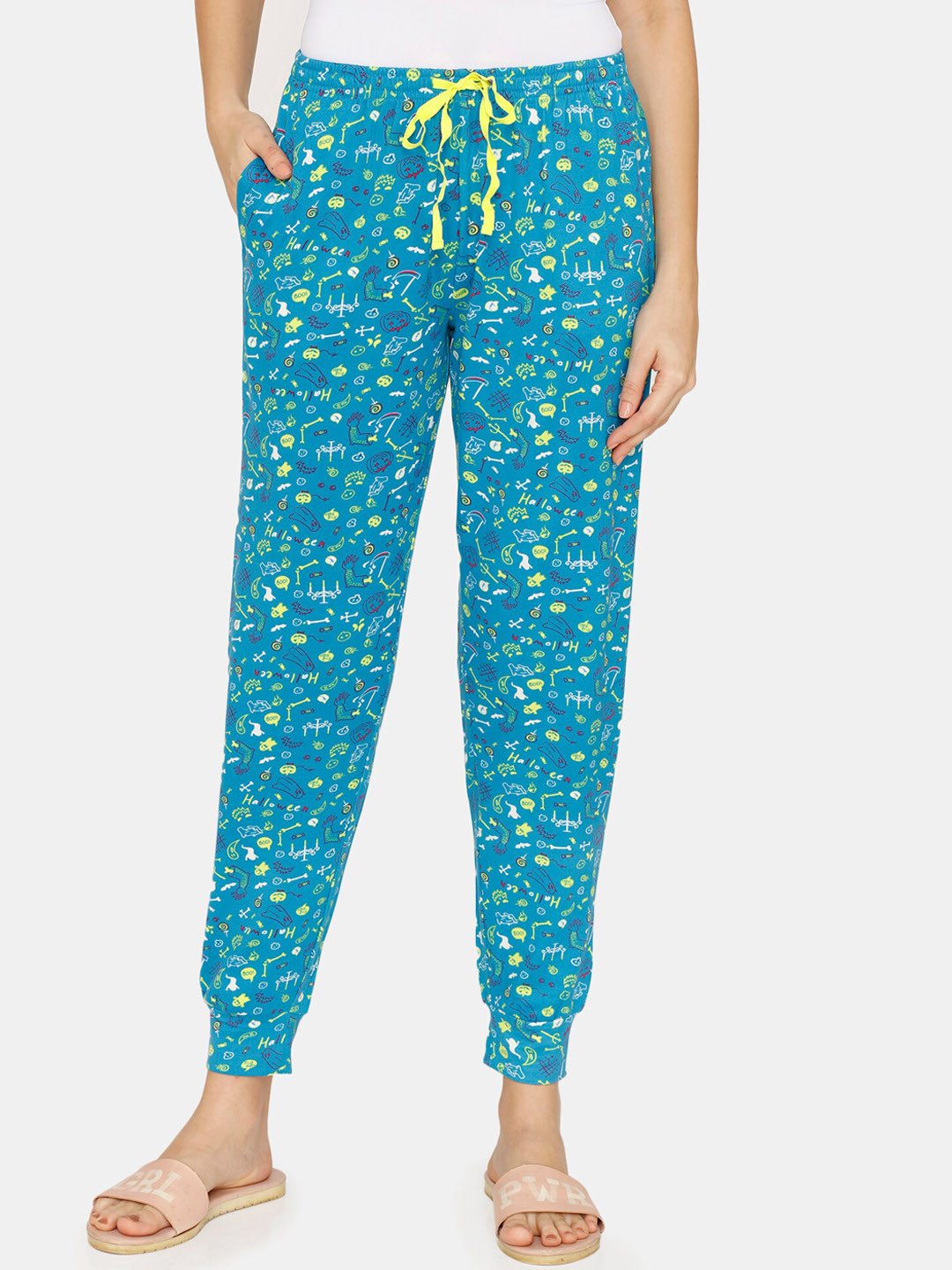

Zivame Women Graphic Print Lounge Pants, Turquoise blue