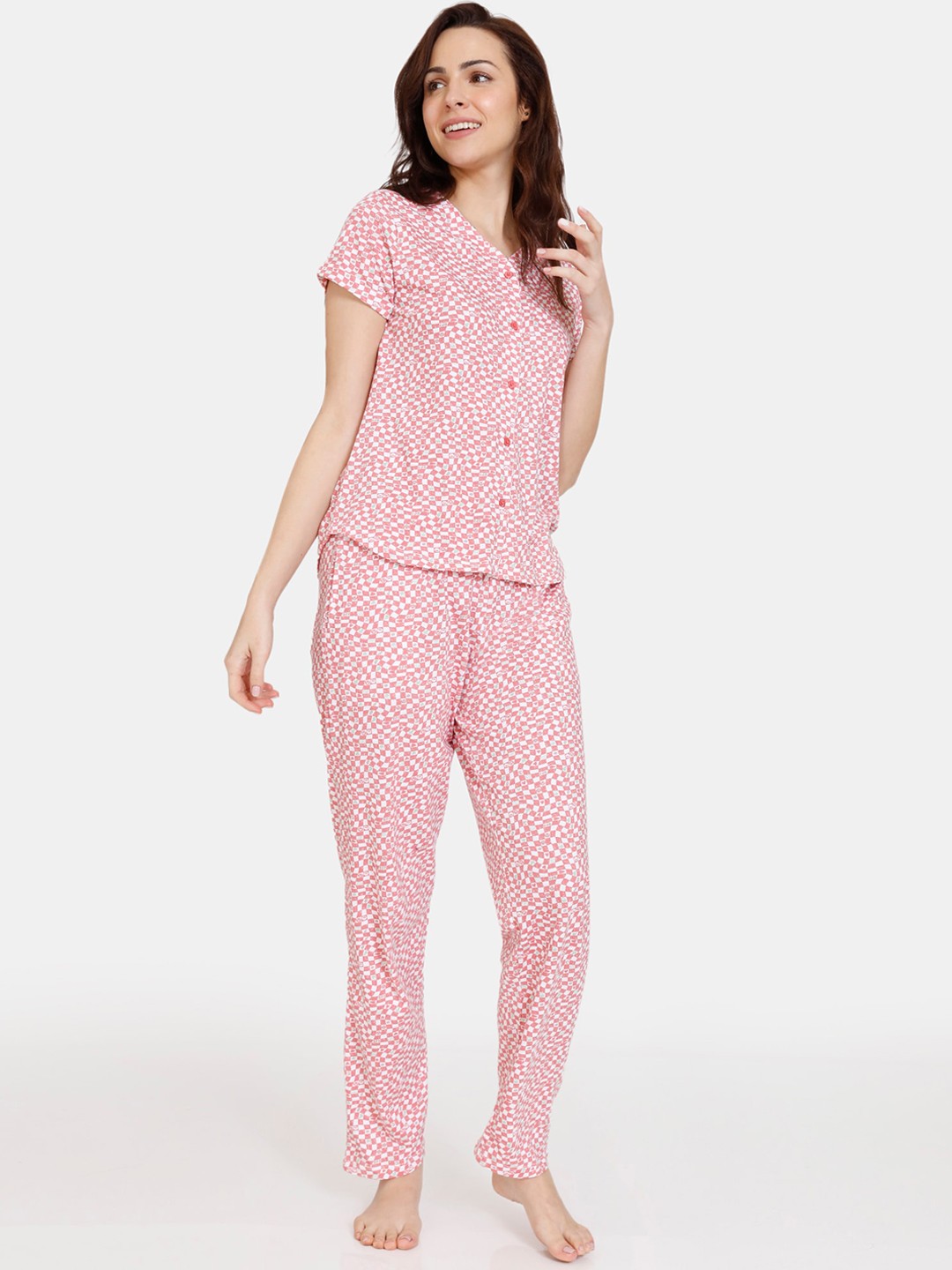 

Zivame Women Pink & White Geometric Printed Pure Cotton Night suit