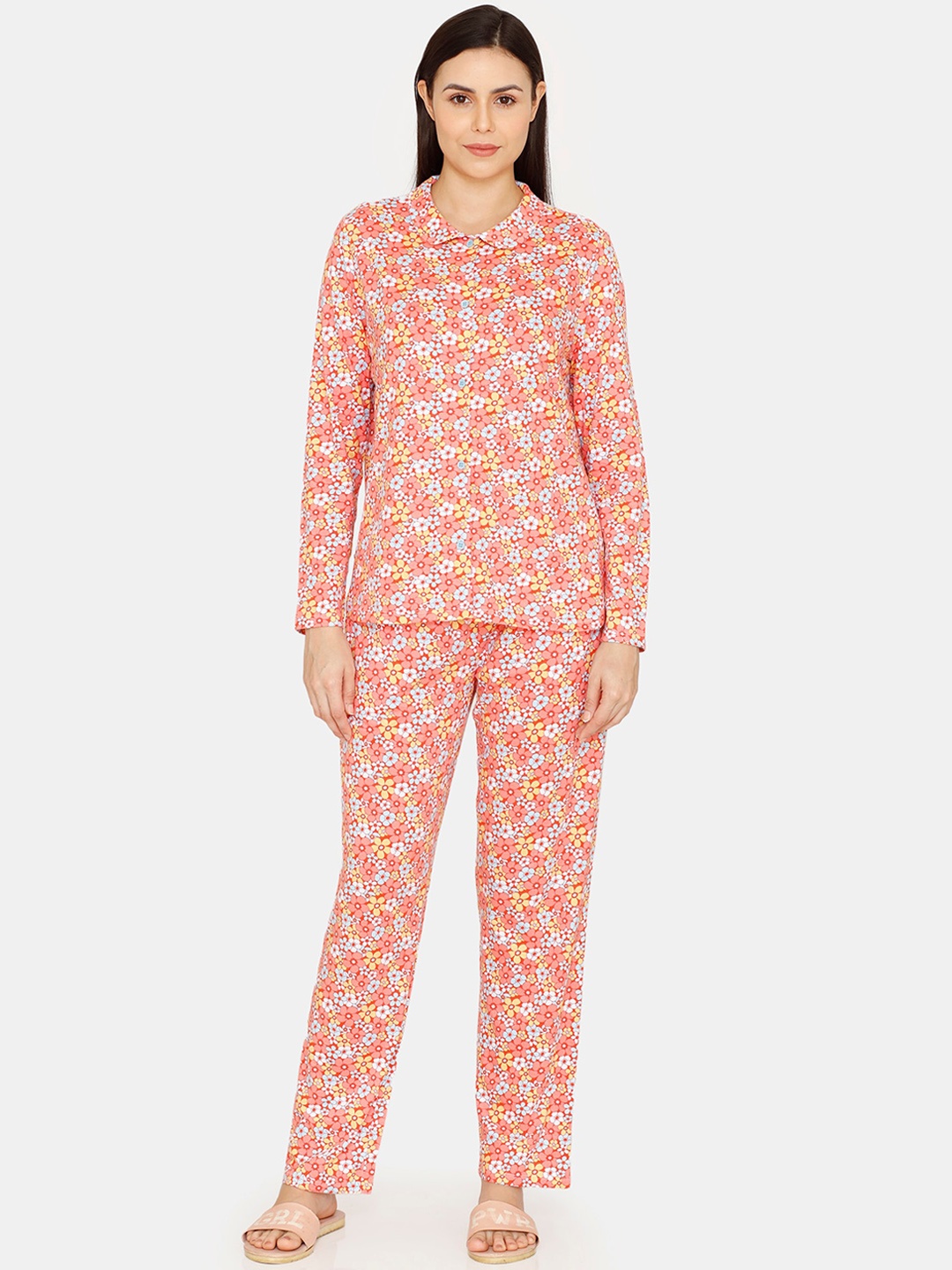 

Zivame Women Red & White Floral Printed Pure Cotton Night suit
