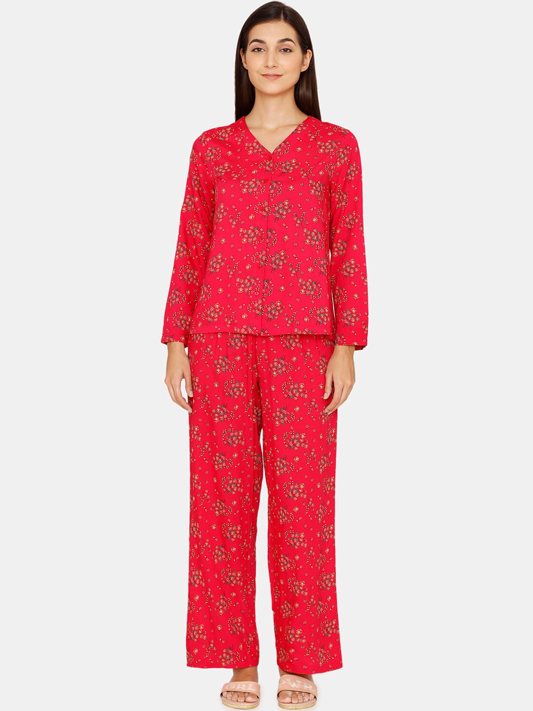 

Zivame Women Red & Blue Floral Printed Night suit