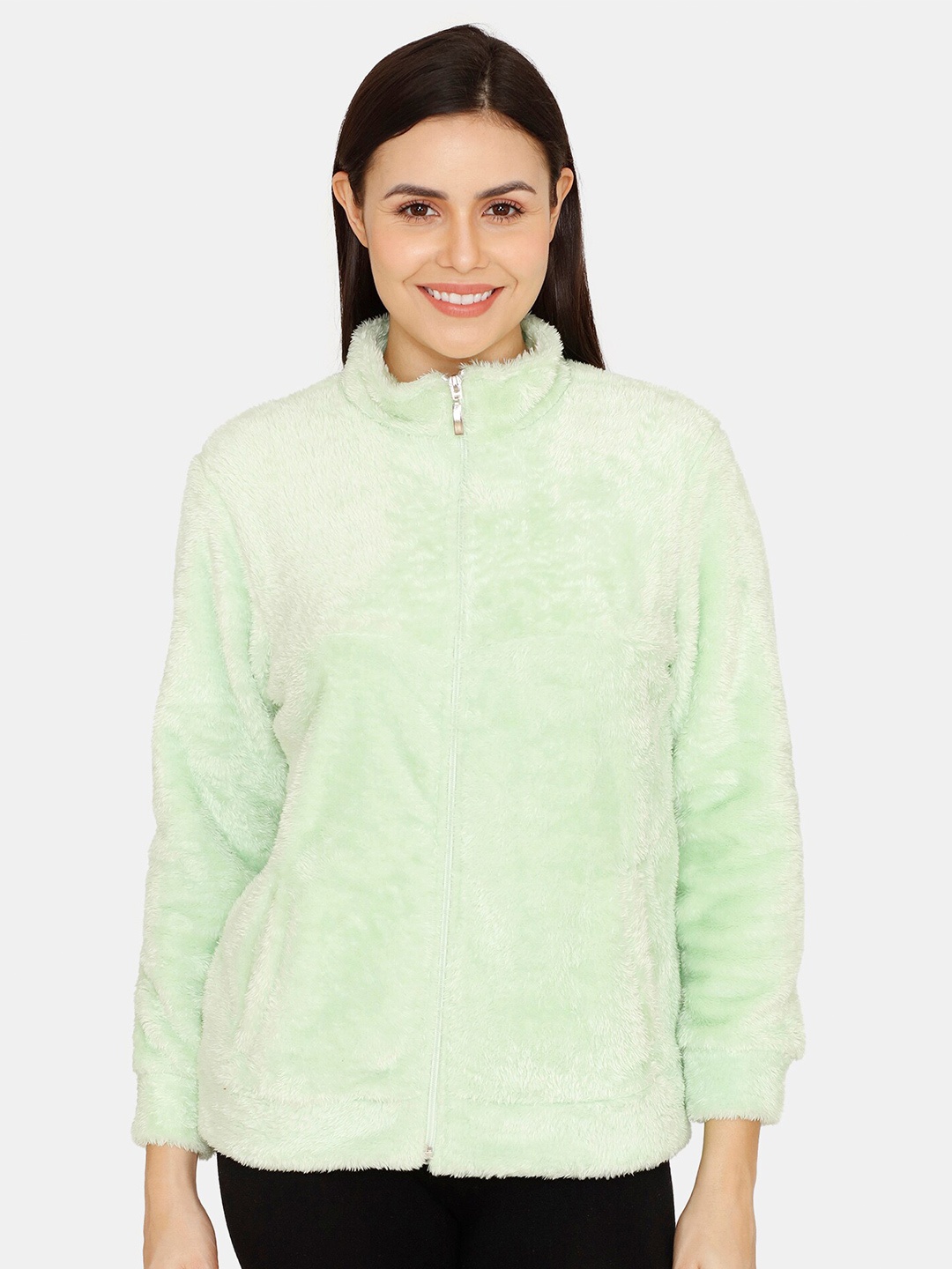 

Zivame Women Green Mock Collar Front Open Sweatshirt