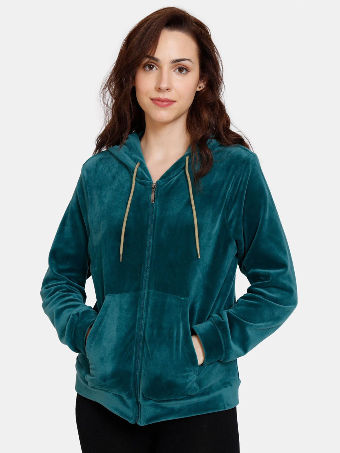 

Zivame Women Green Front Open Hooded Sweatshirt