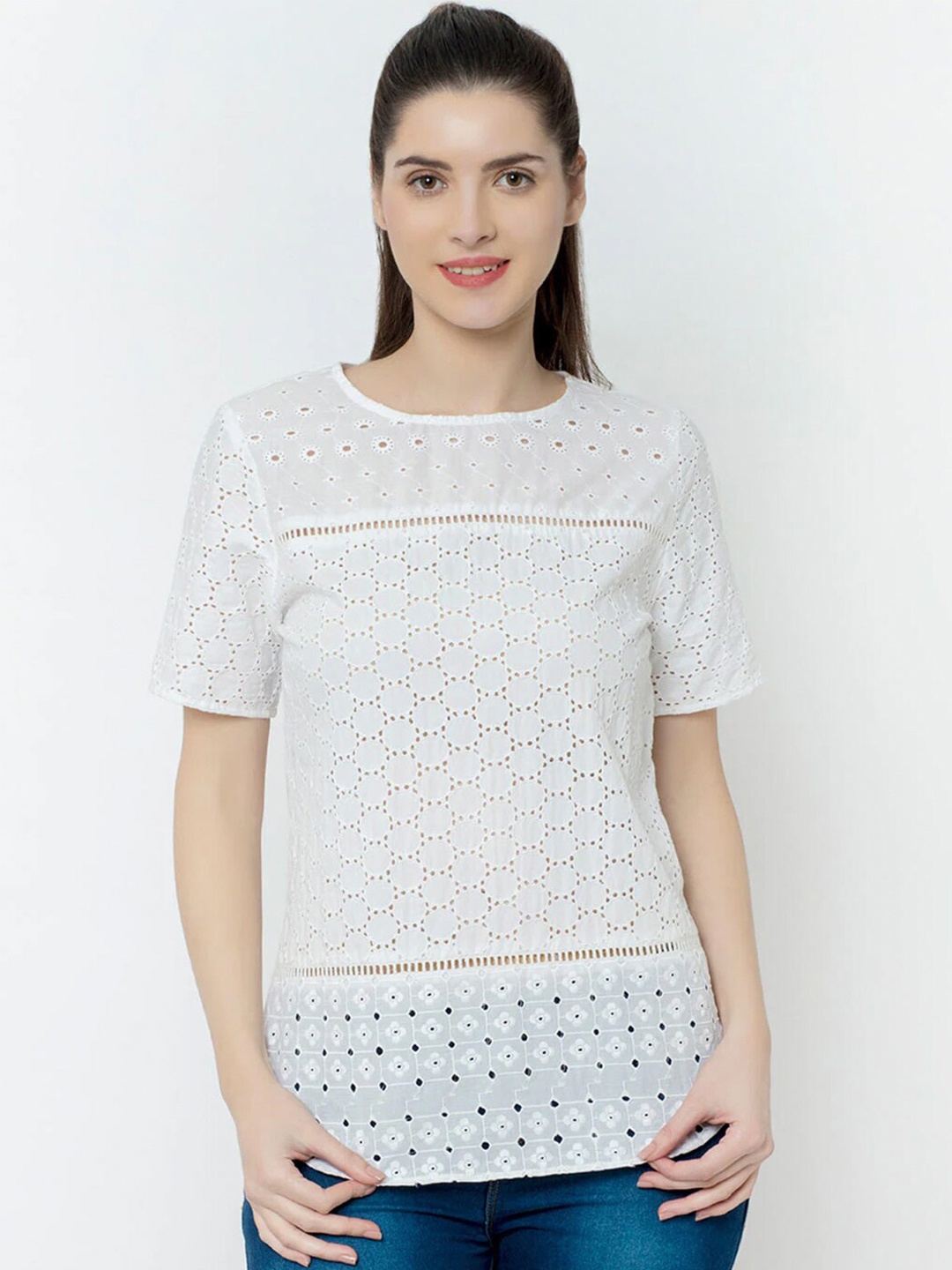 

SQew Women White Self Design Pure Cotton Top