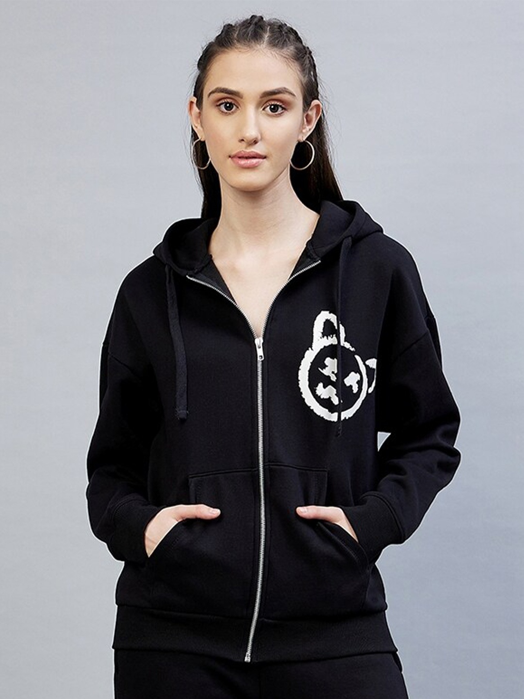 

DELAN Women Black & White Fleece Hooded Sweatshirt