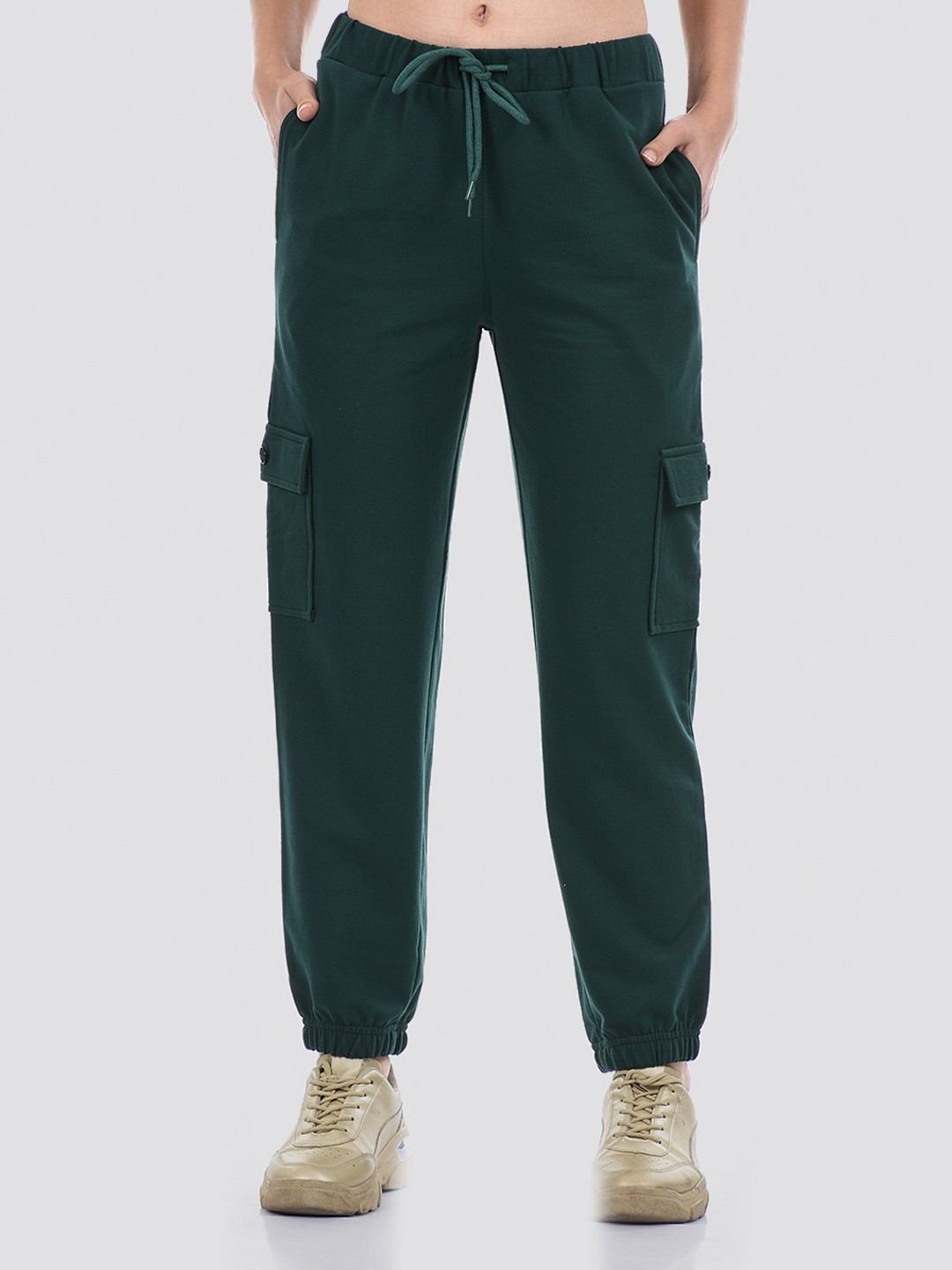 

ONEWAY Women Plus Size Green Solid Cotton Joggers