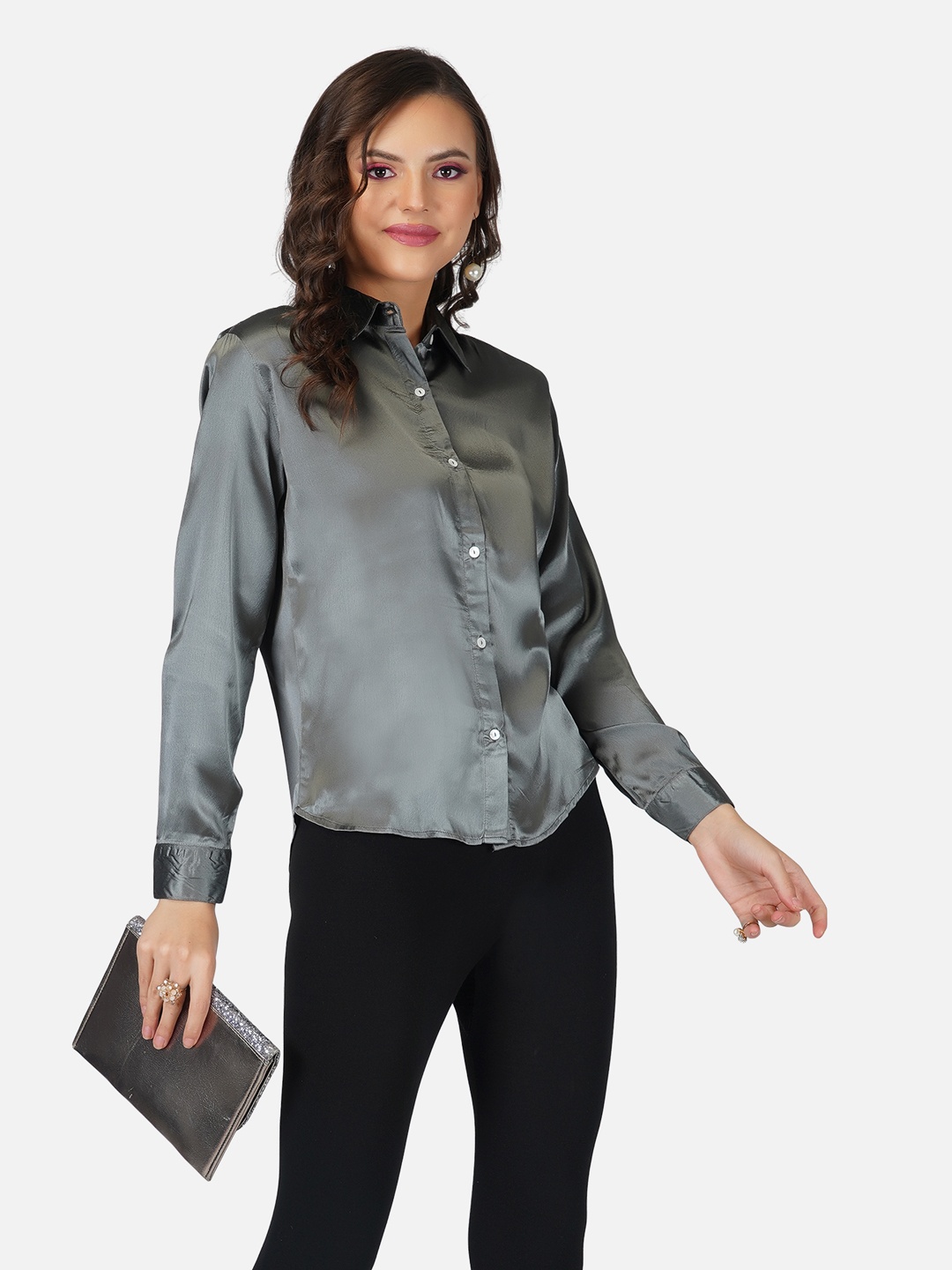 

Tinted Women Grey Solid Party Shirt