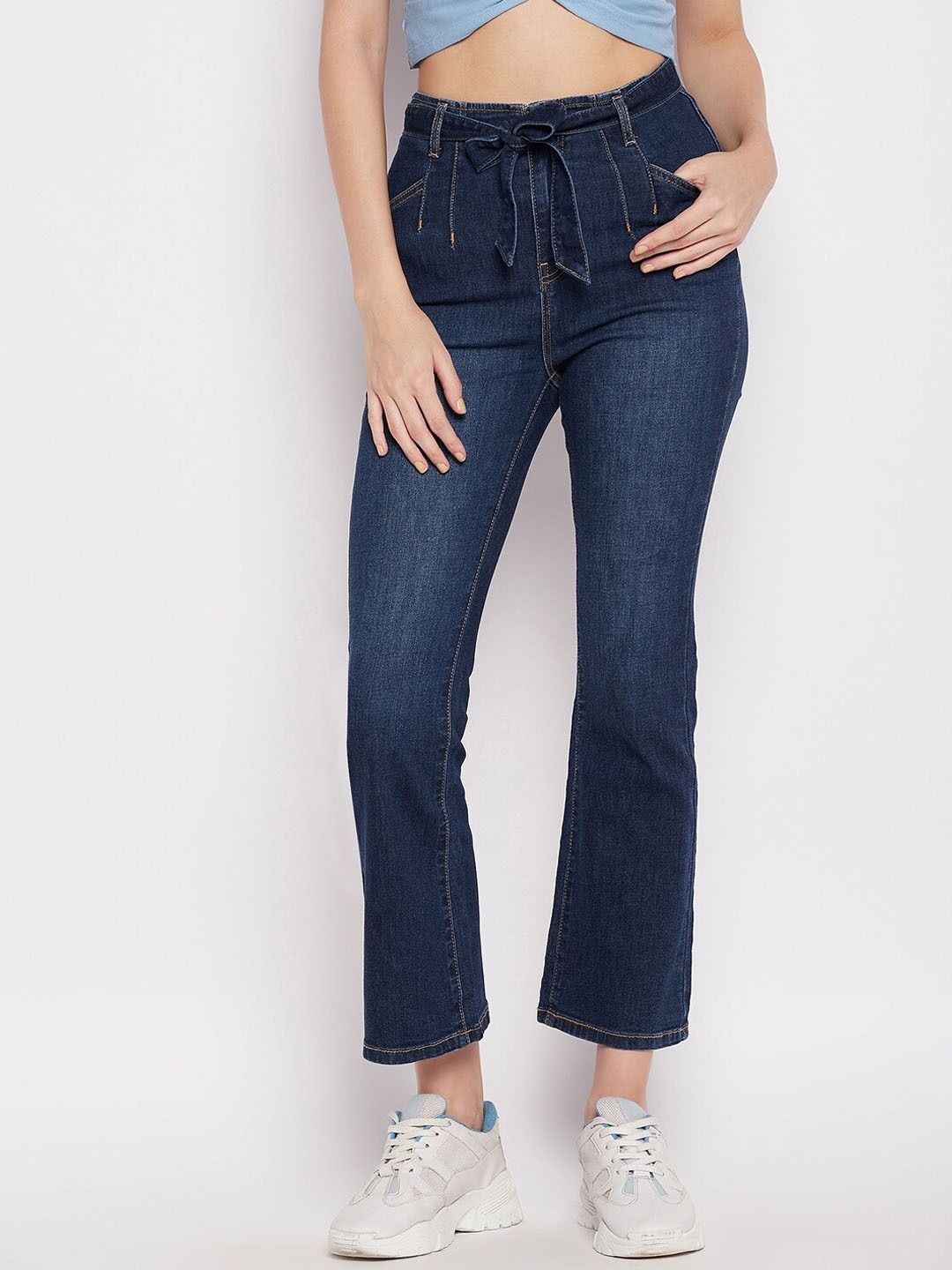 

Madame Women Navy Blue Flared High-Rise Light Fade Jeans