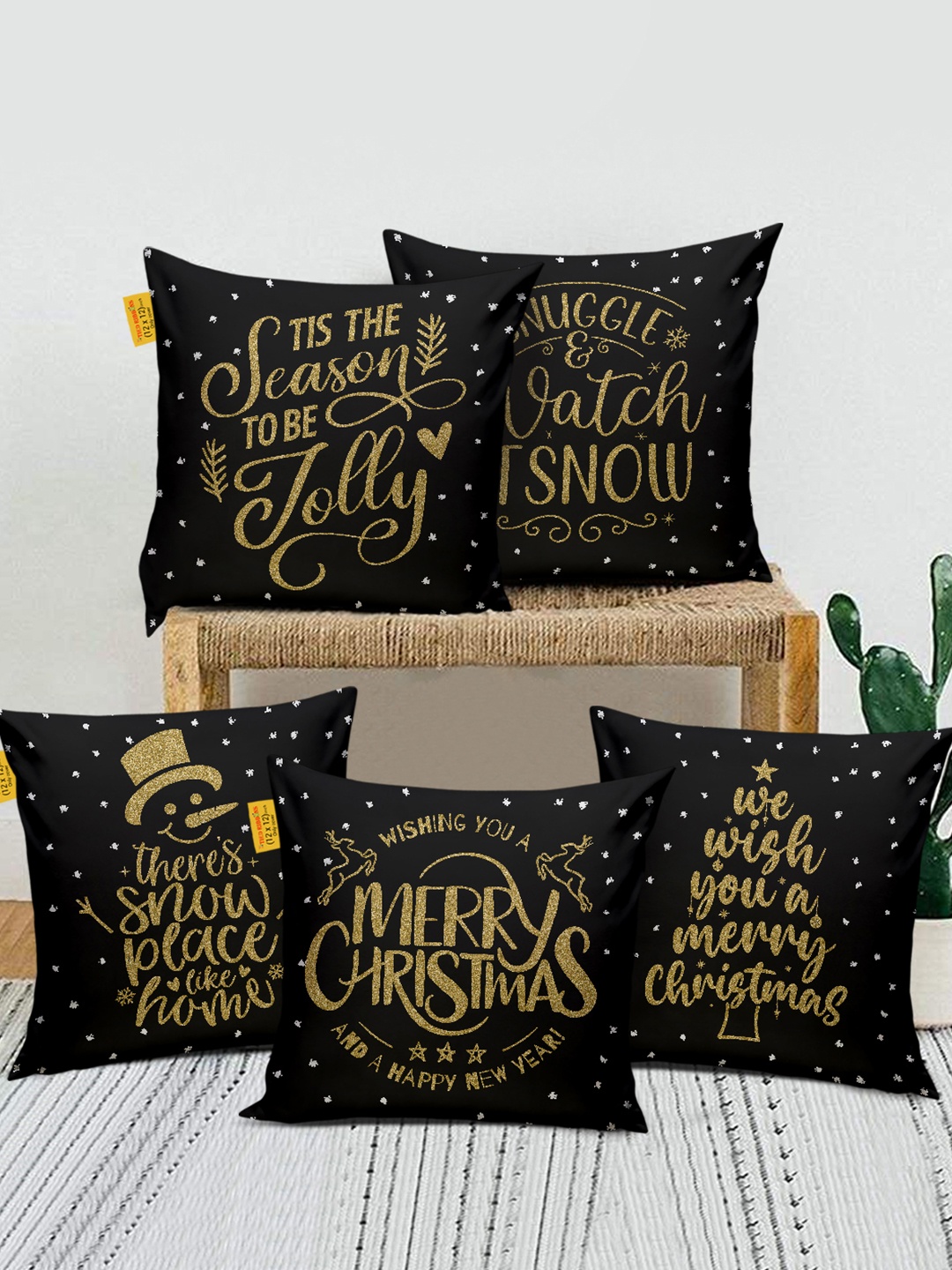 

TIED RIBBONS Black & Gold Toned 5 Pieces Christmas Printed Square Cushion Covers